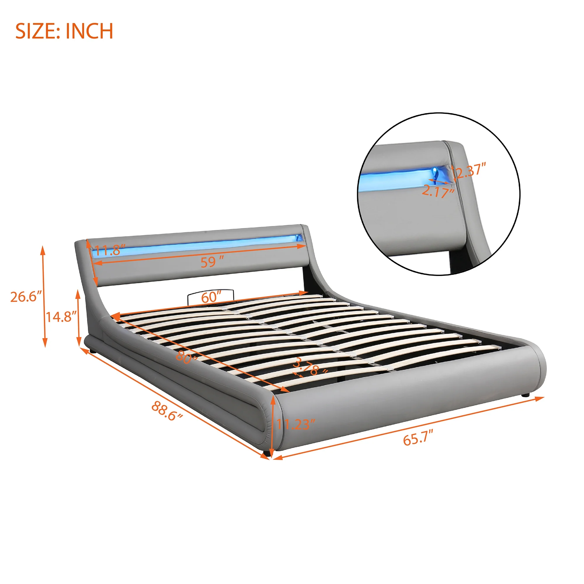 Modern Faux Leather Platform Bed with Hydraulic Storage and LED Light Headboard - Queen Size