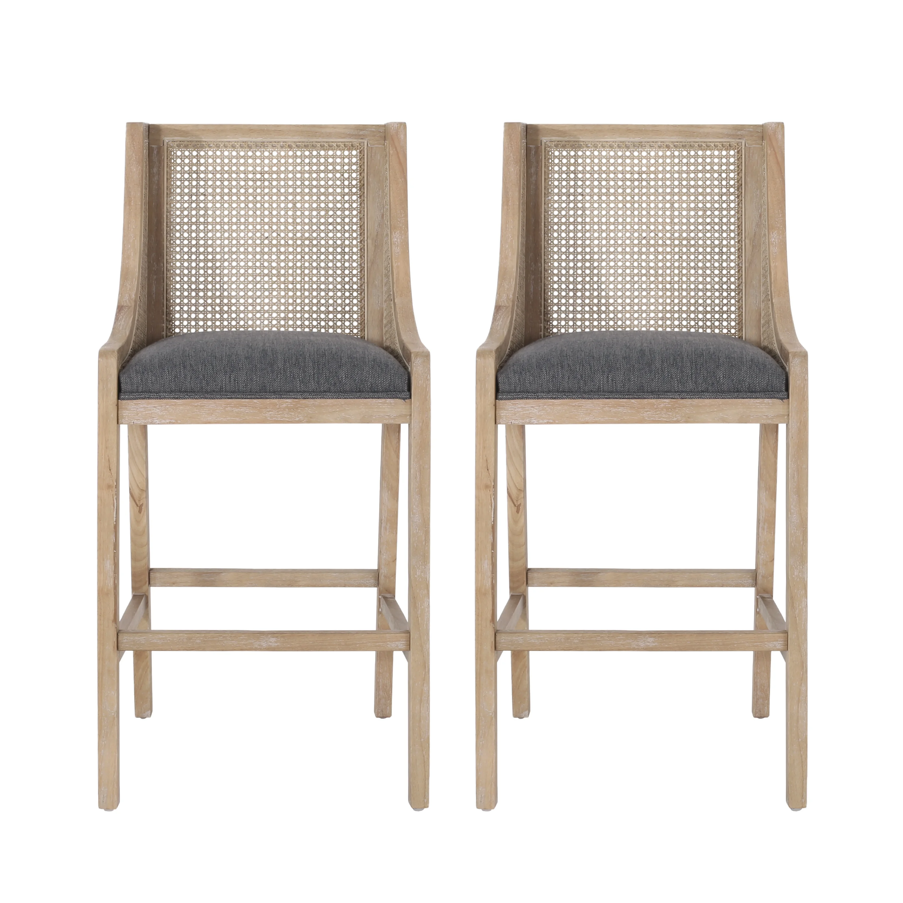 GDF Studio Oneida Rustic Fabric Upholstered Wood and Cane 30 inch Barstools, Set of 2, Charcoal and Natural