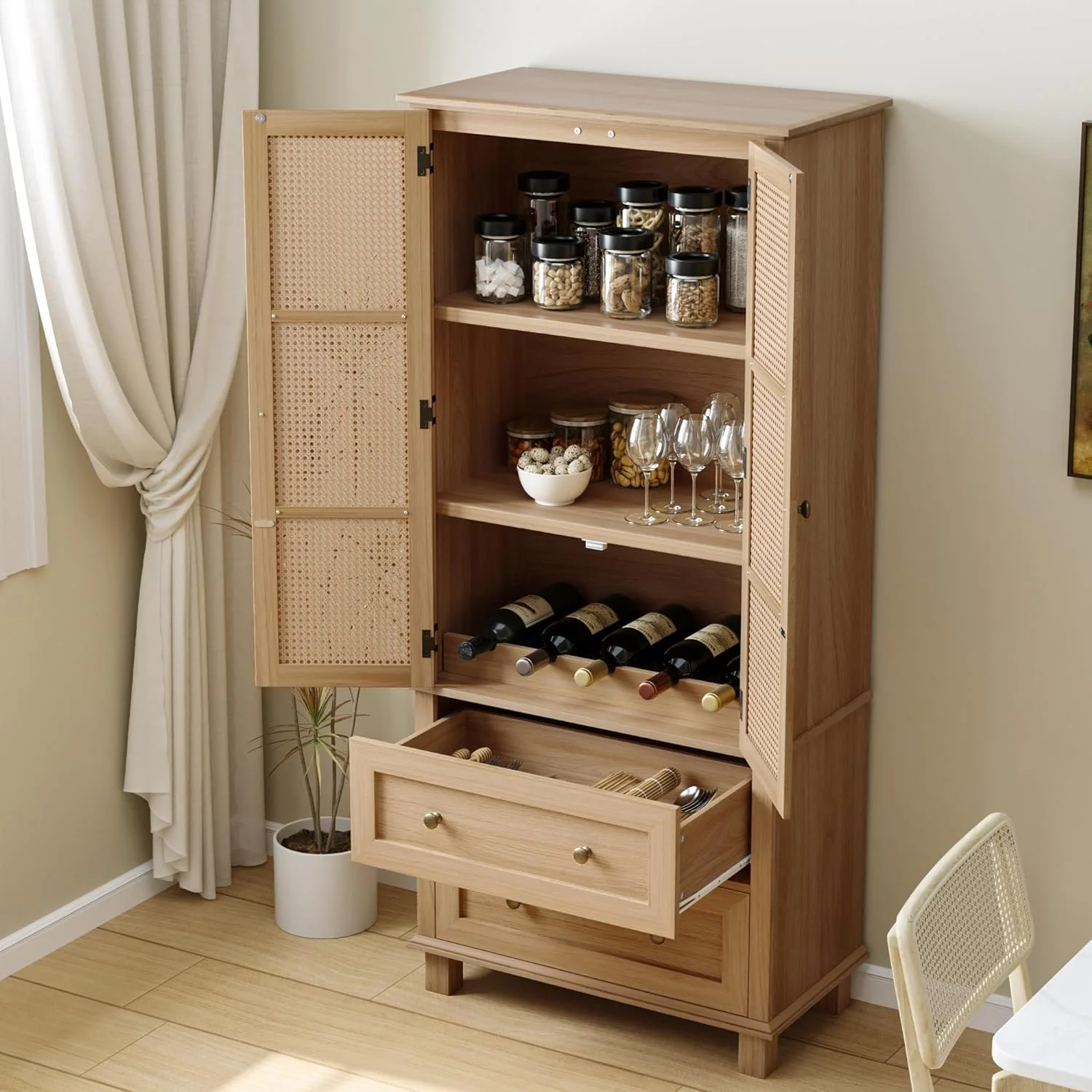 ONKER Kitchen Pantry Storage Cabinet, Tall Cabinet with Rattan Doors and 2 Drawers, Freestanding Cupboard with Adjustable Shelves, Utility Pantry for Kitchen, Dining Room,White