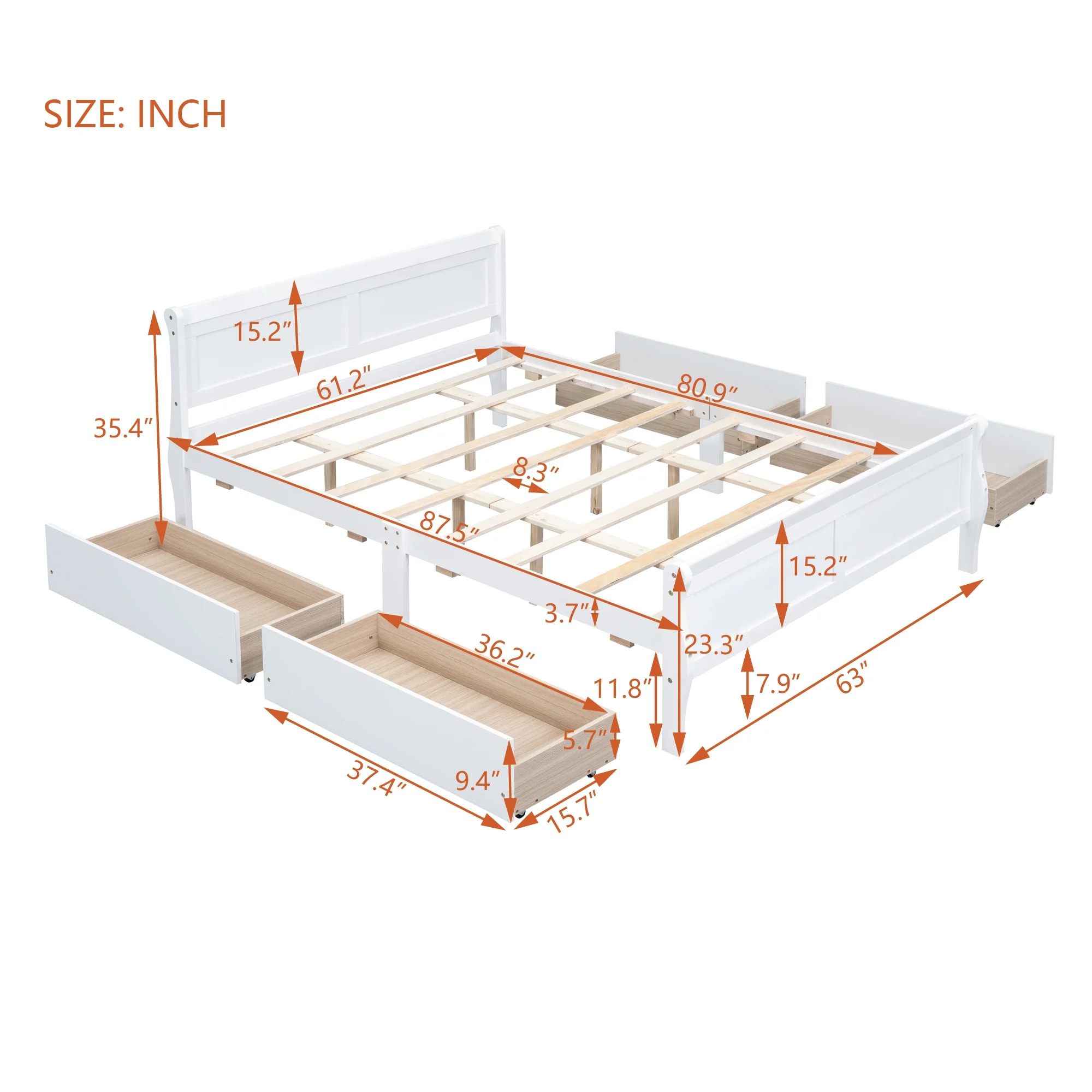 CoSoTower Queen Size Wood Platform Bed with 4 Drawers and Streamlined Headboard & Footboard, White