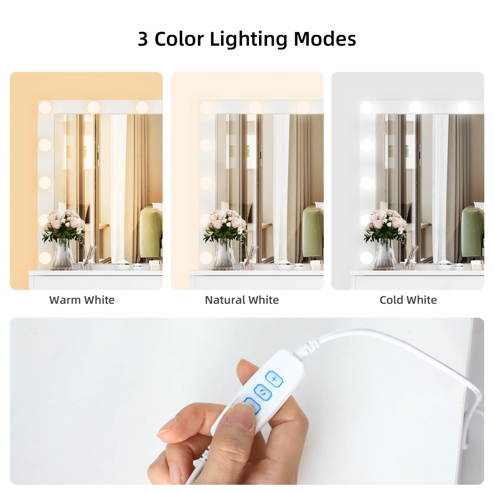 RichYa Modern Vanity Desk Makeup Table with Large LED Mirror and Power Outlet with 2 Sliding Storage White Marble