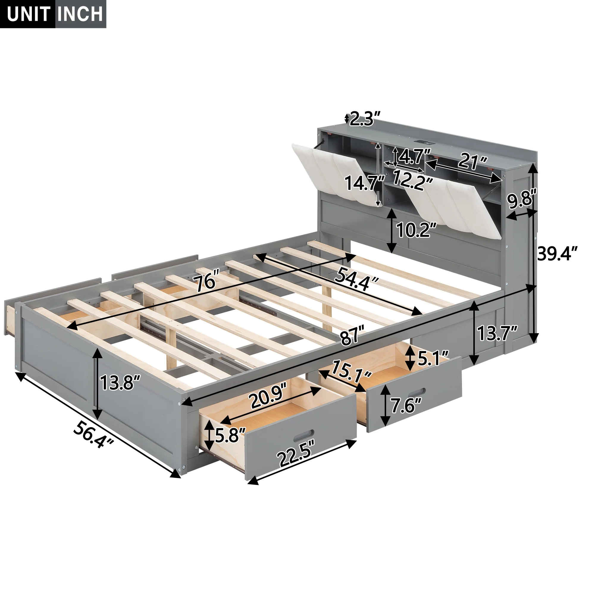 Churanty Full Size Platform Bed with Upholstered Storage Headboard and 4 Drawers, Wood Bed Frame with USB Charging Station, Gray