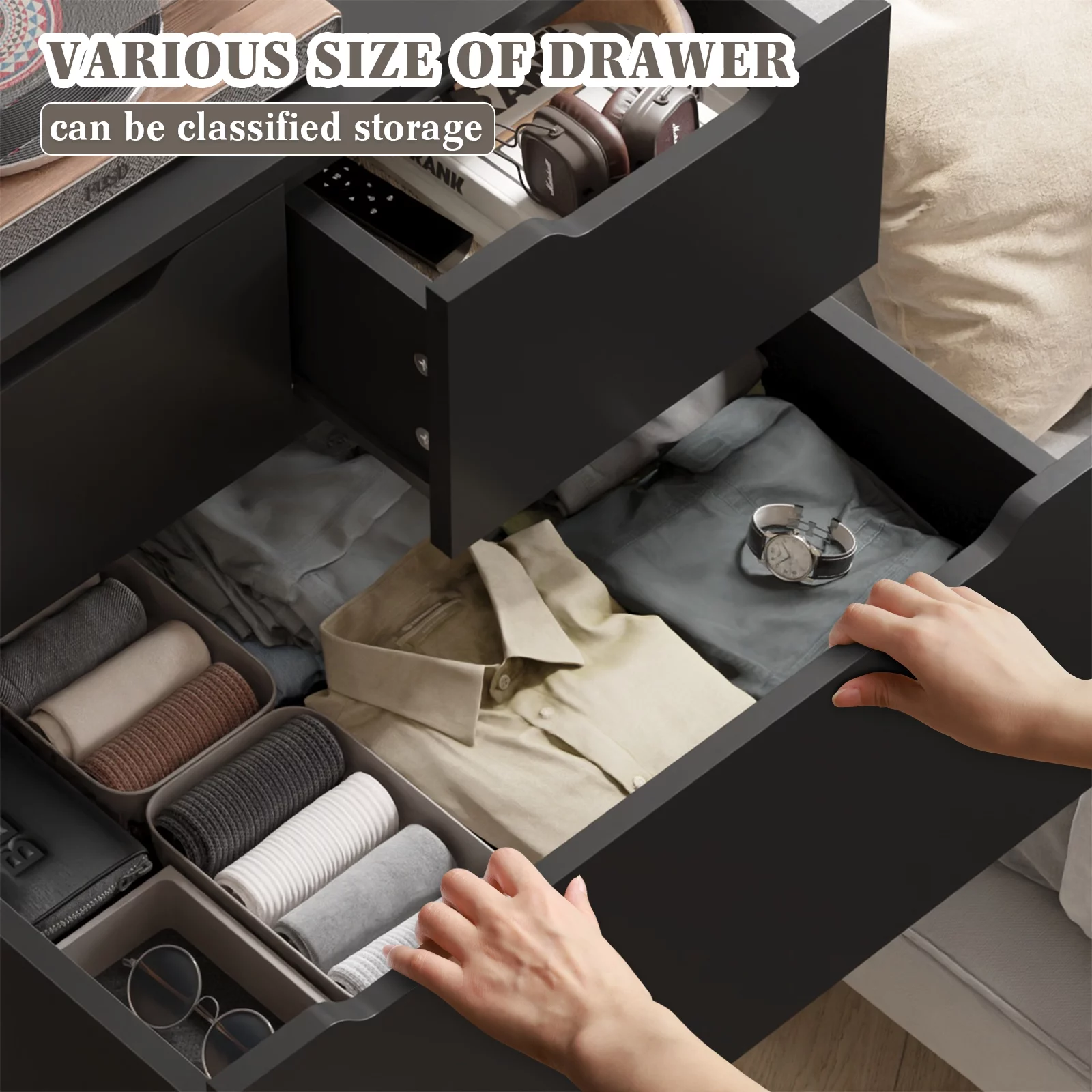 EnHomee Black Tall Dresser Wood 6 Drawer Dressers for Bedroom Wood Chest of Drawers with Smooth Metal Rail Large Dresser Modern Storage Cabinet for Home Office Living Room, 43.3