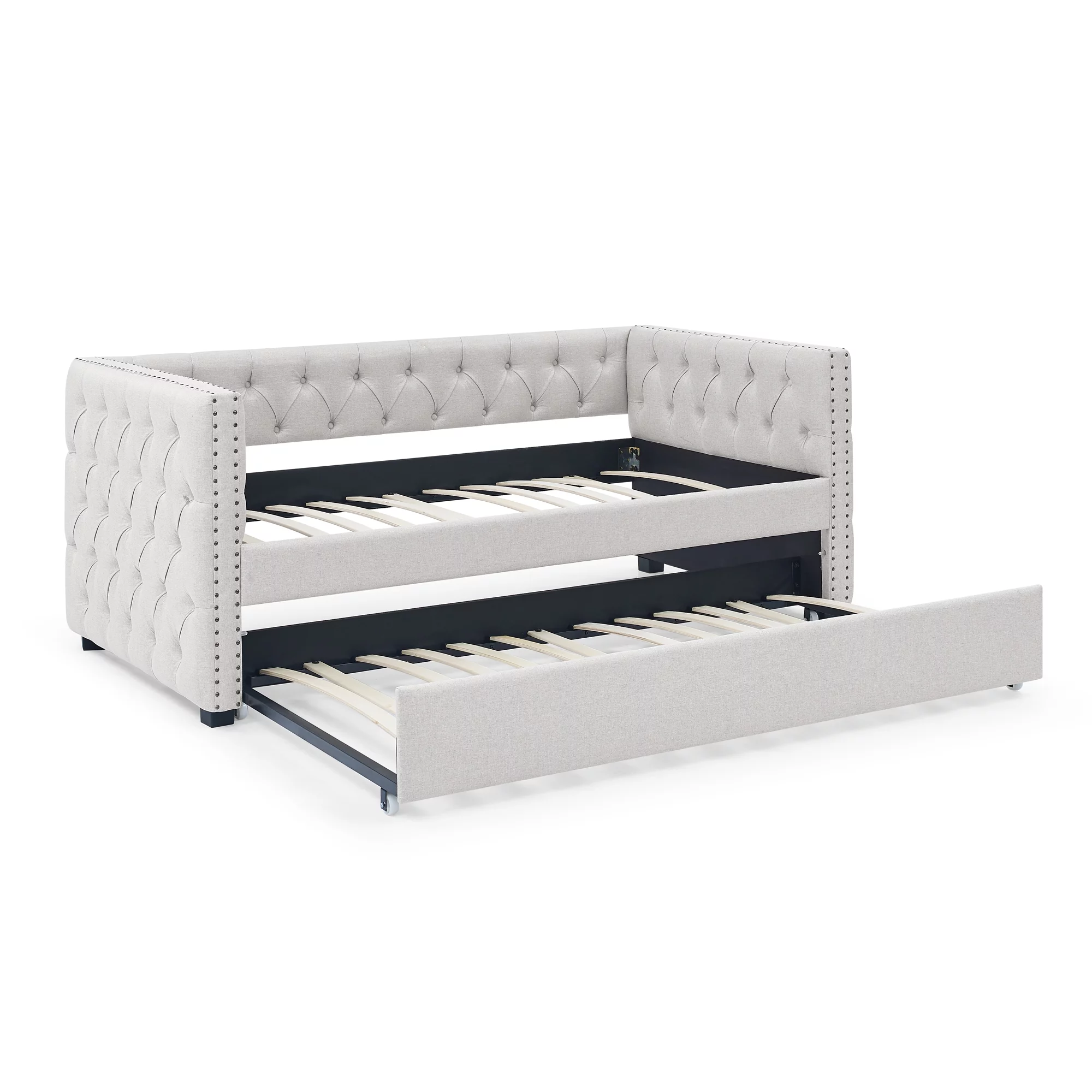 Aukfa Upholstered Daybed with Trundle, Twin Daybed, Button Tufted, Nailhead Trim - Beige