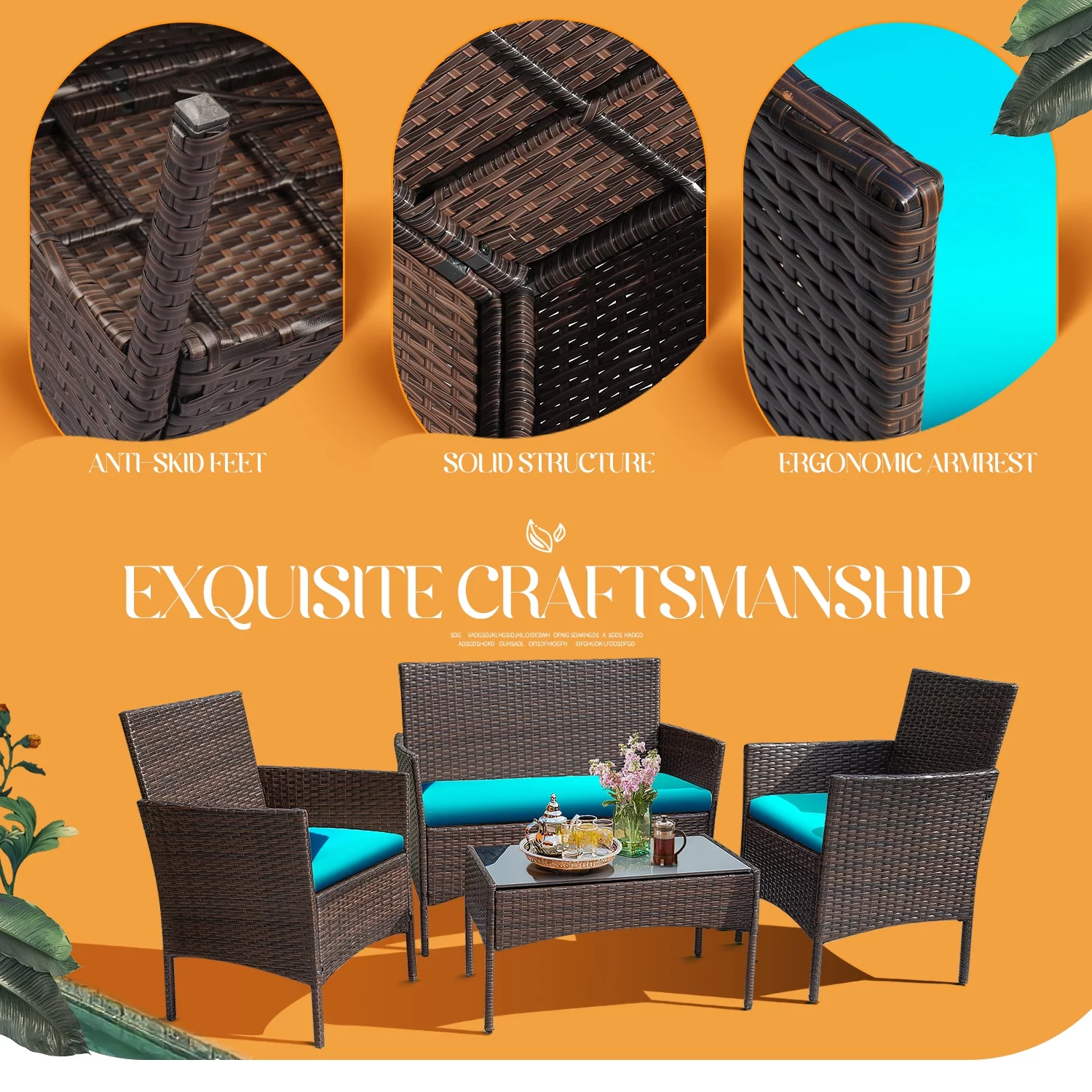 Lacoo 4 Piece Outdoor Patio Furniture PE Rattan Wicker Table and Chairs Set with Cushions, Blue
