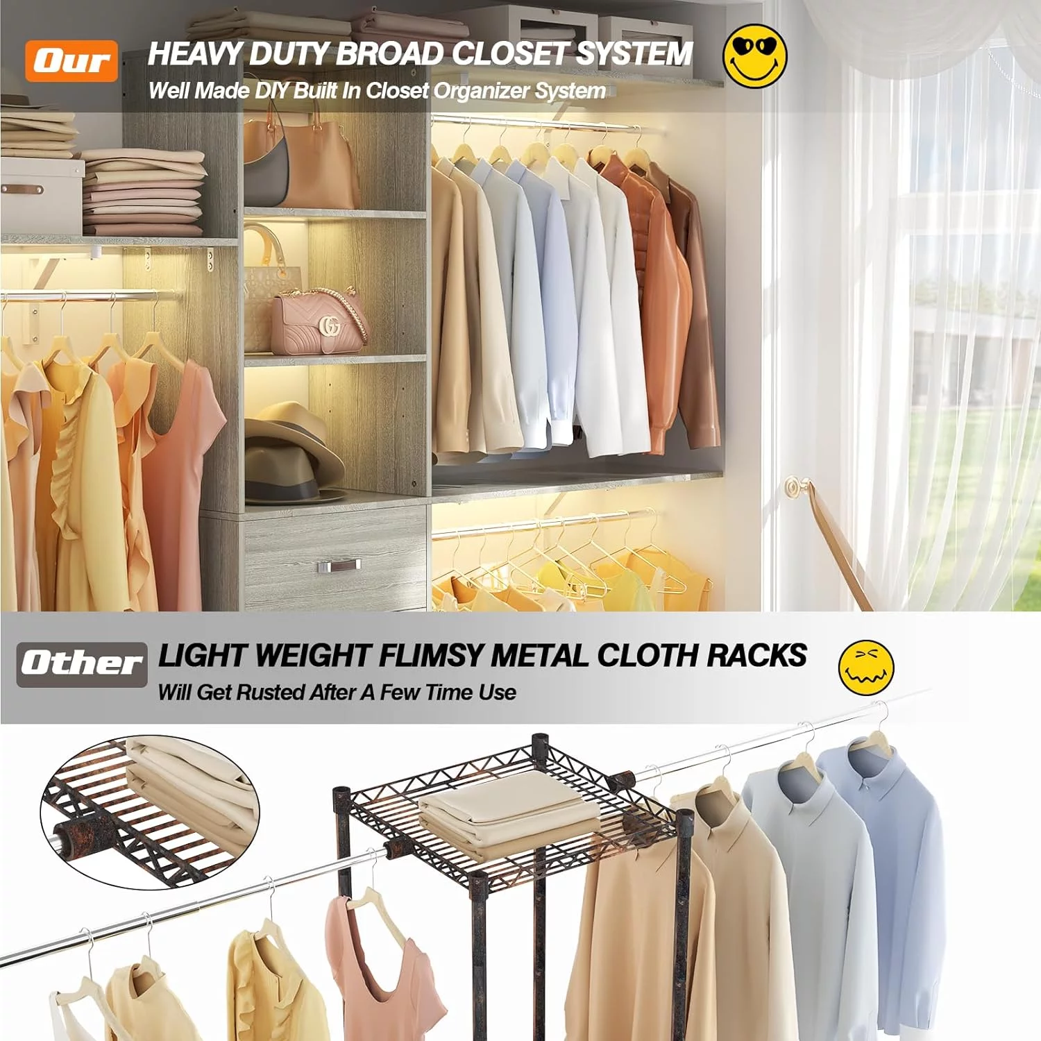 Homieasy 96 Inches Closet System, 8FT Walk In Closet Organizer with 3 Shelving Tower, Heavy Duty Clothes Rack with 3 Drawers, Built-In Garment Rack, 96