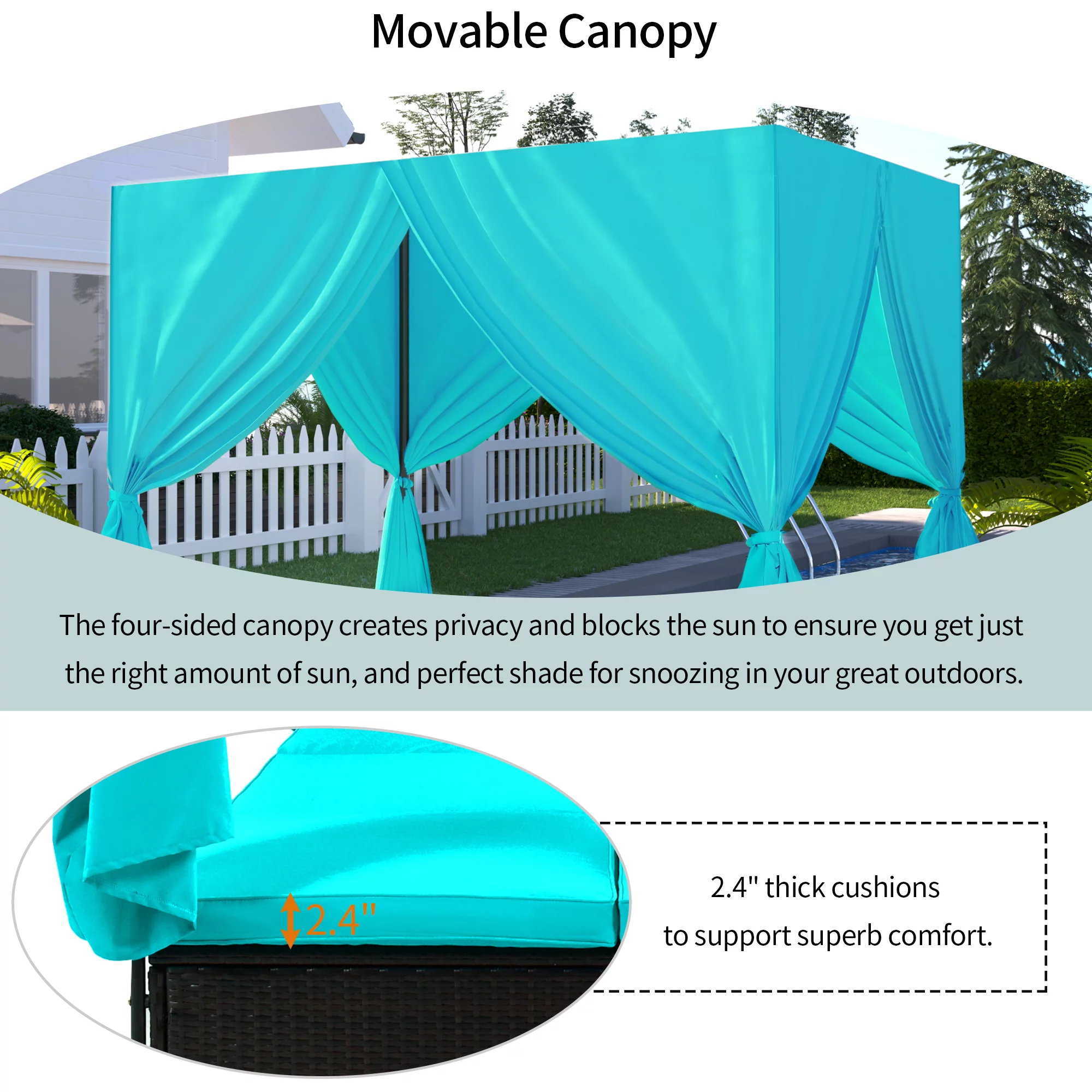 uhomepro Pool Furniture Outdoor Lawn Backyard Poolside Garden Rectangle Daybed, Outdoor Chaise Lounge with Canopy, Overhead Curtains, Cushions, Adjustable Seat, Blue