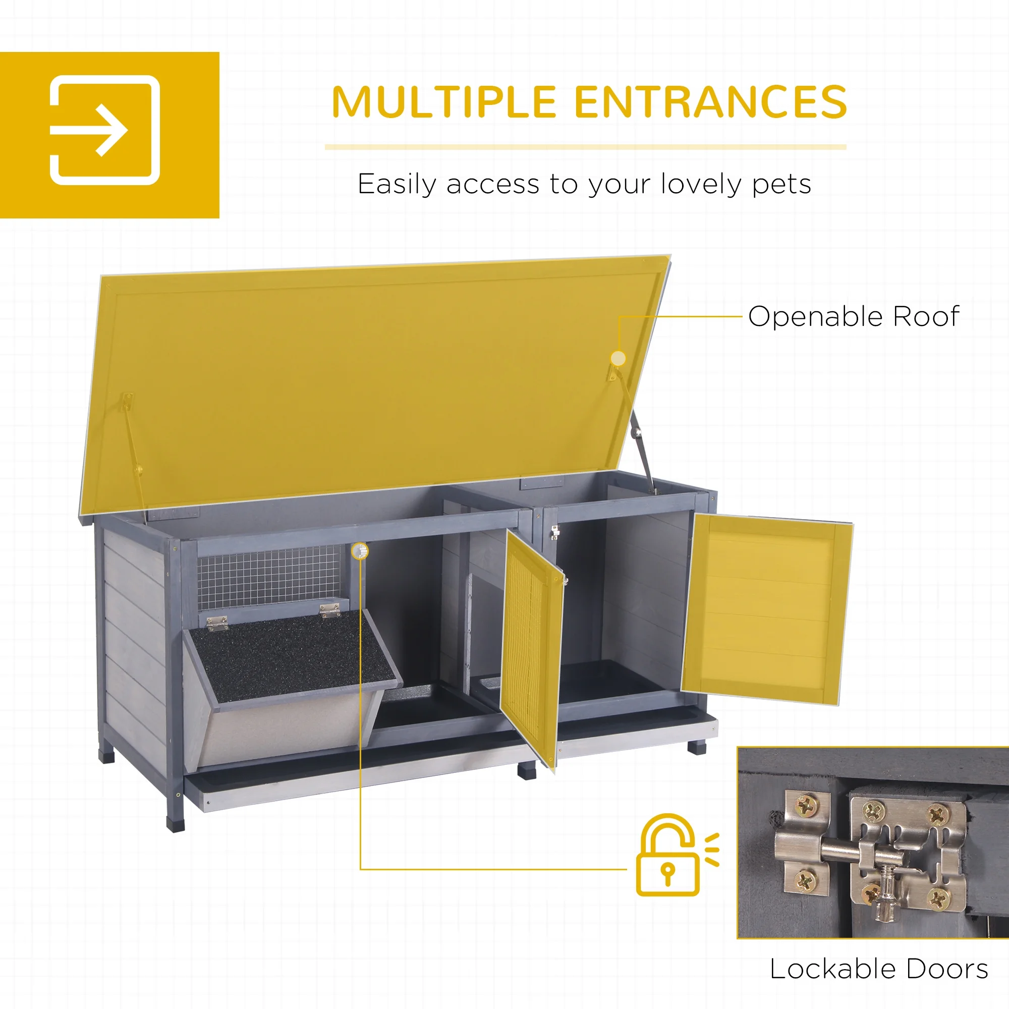 PawHut Wooden Rabbit Hutch Bunny Hutch Cage Guinea Pig with Waterproof Roof, No Leak Tray and Feeding Trough, Indoor/Outdoor, Gray