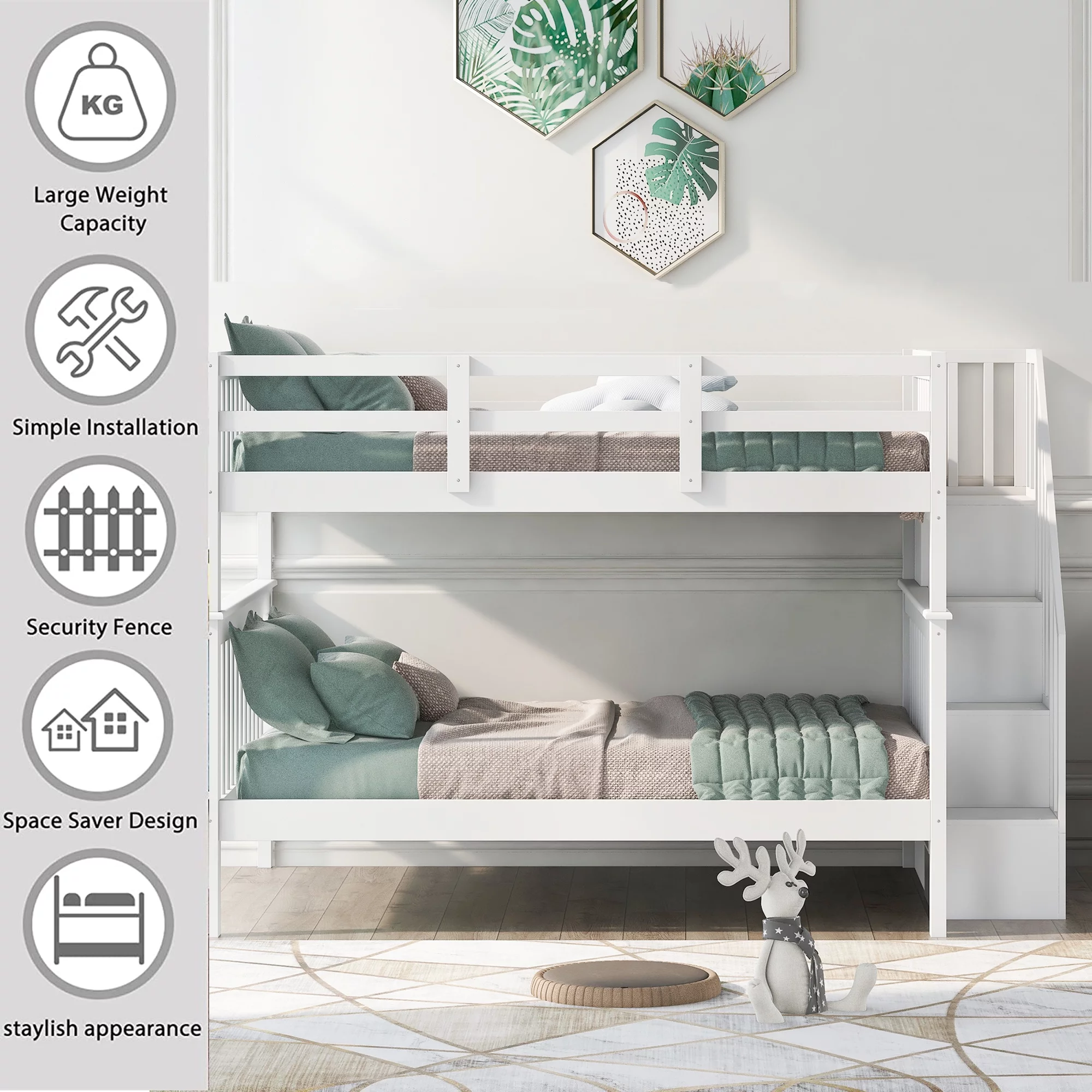 BELLEMAVE Full over Full Bunk Beds for Kids, Kids Bunk Beds with Storage Stairs and Full-Length Guardrail, Convertible Into 2 Bed, No Box Spring Needed(White)