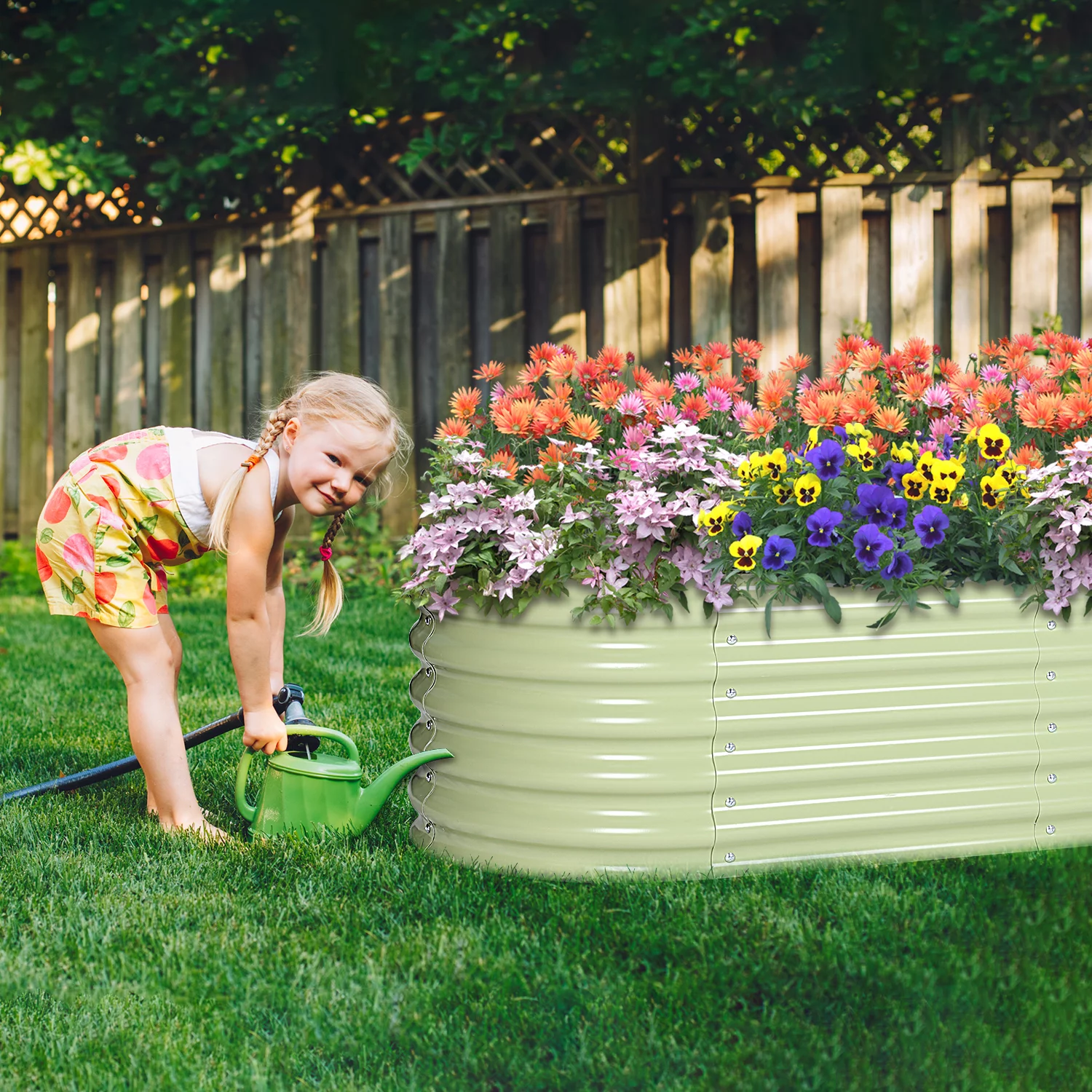 Aoodor 9-in-1 Modular Aluzinc Metal Raised Garden Bed - Outdoor Gardening Planter Soil Box for Vegetable, Flower, Herb - Olive Green (71''L x 35''W x 17''H)