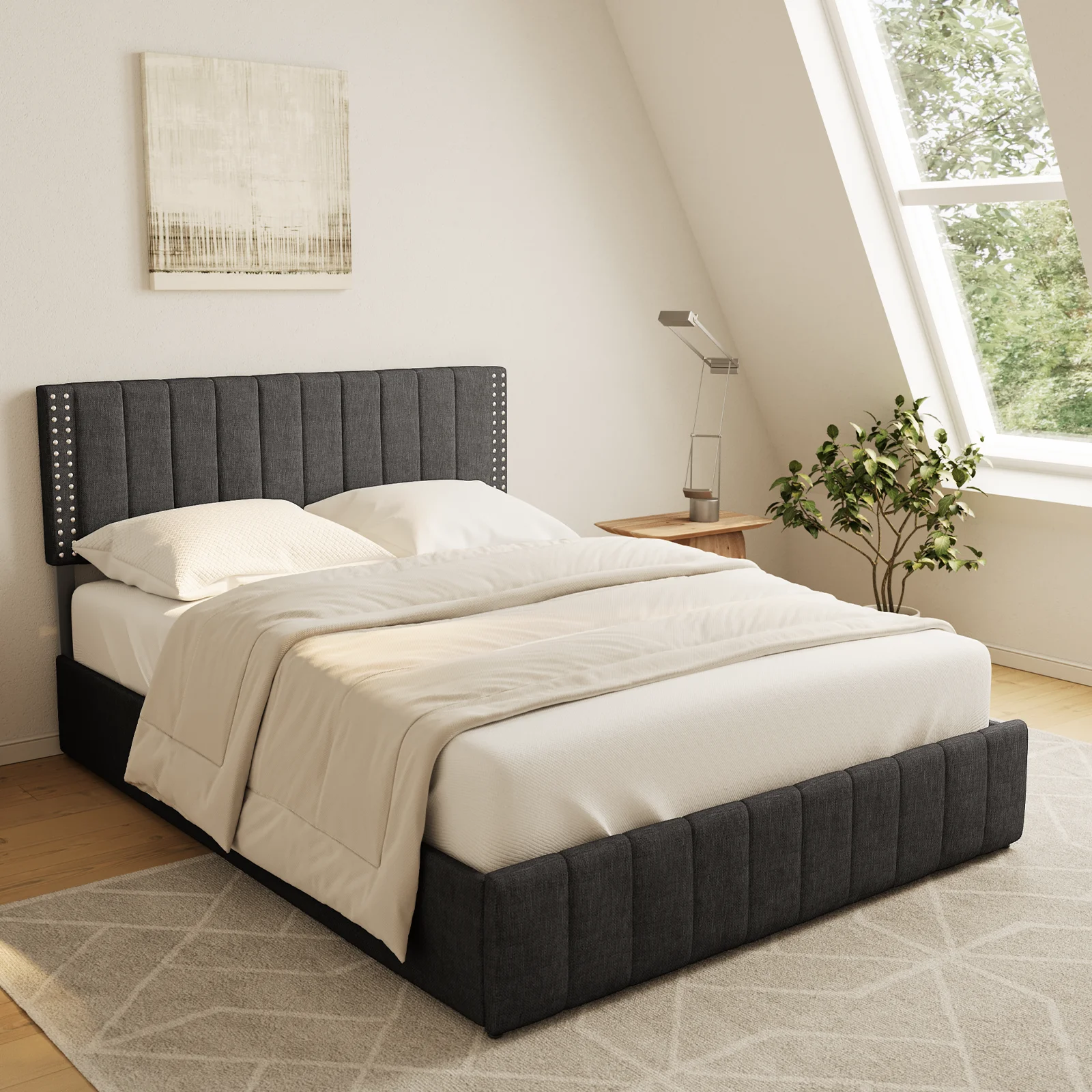 Aiho Bed Frame Queen with 4 Storage Drawers for Bedroom, Dark Grey