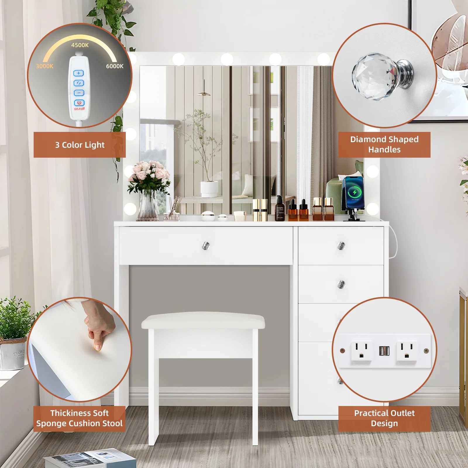 RichYa Modern Vanity Desk Makeup Table with Large LED Mirror and Power Outlet with 2 Sliding Storage White Marble