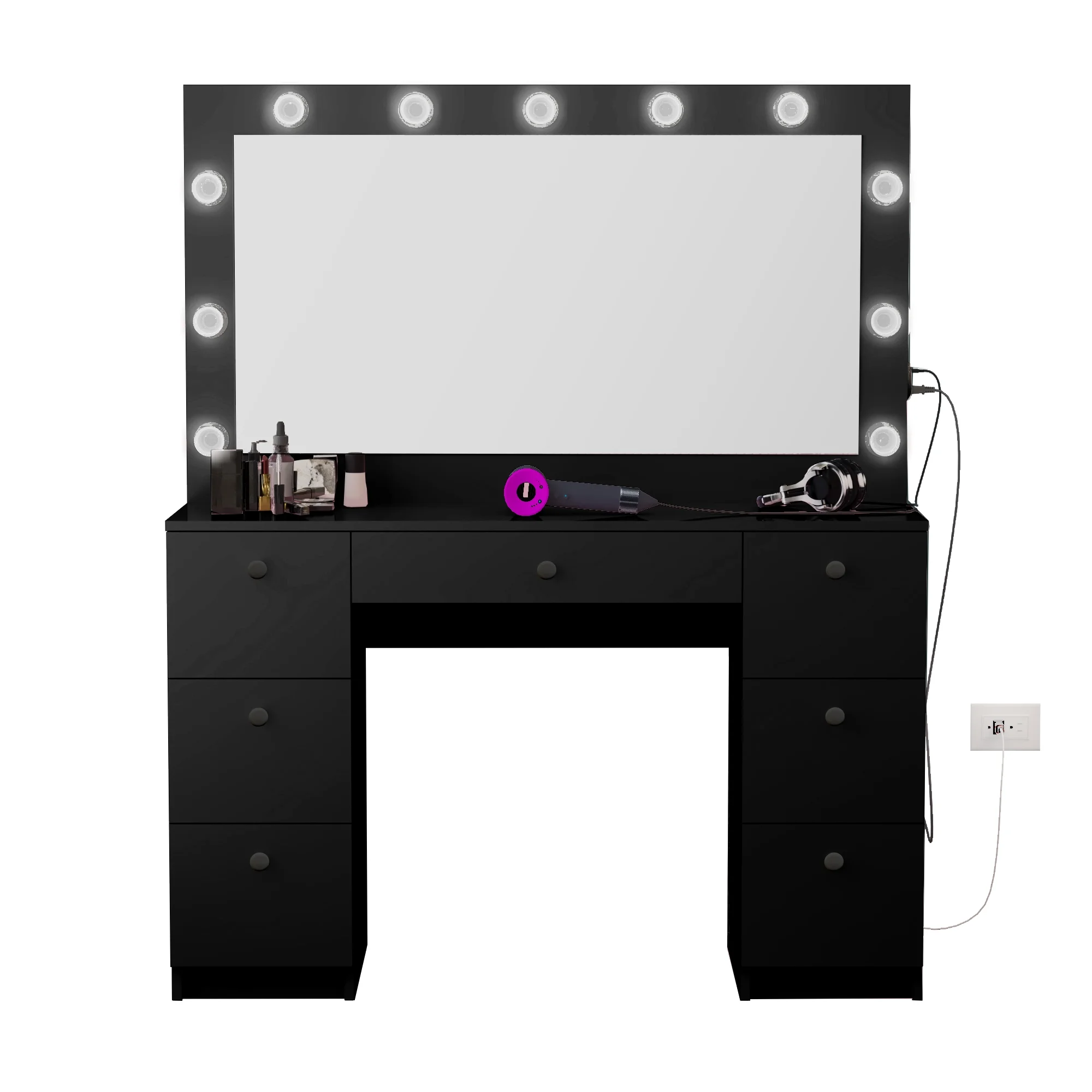 Ember Interiors Tammy Modern Black Painted Vanity Table, Lights, for Bedroom