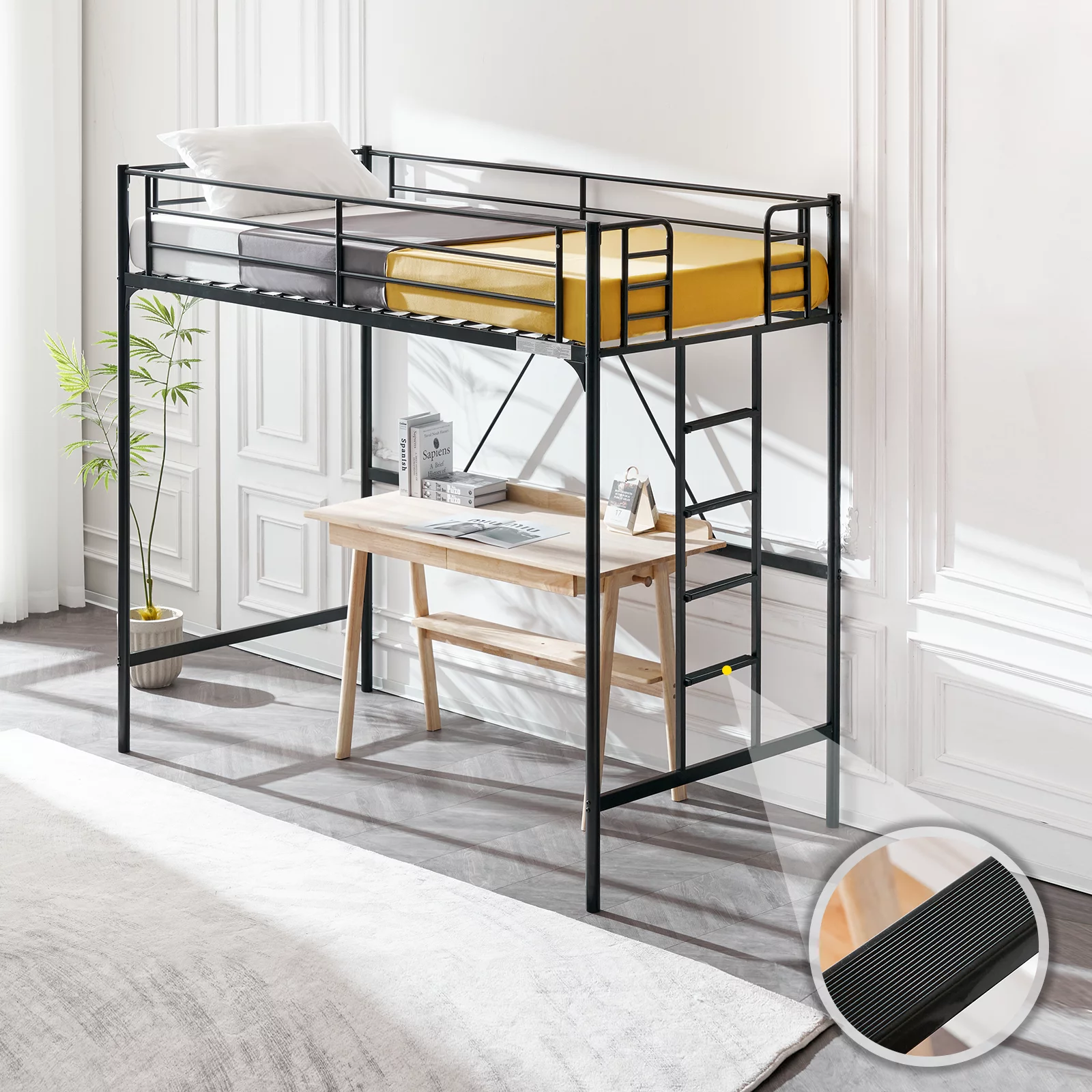 VINGLI Metal Loft Bed with Stairs and Flat Rung, Junior Loft Bed Twin Size High Loft Bed for Kids/Teens/Adults, No Box Spring Required, Black