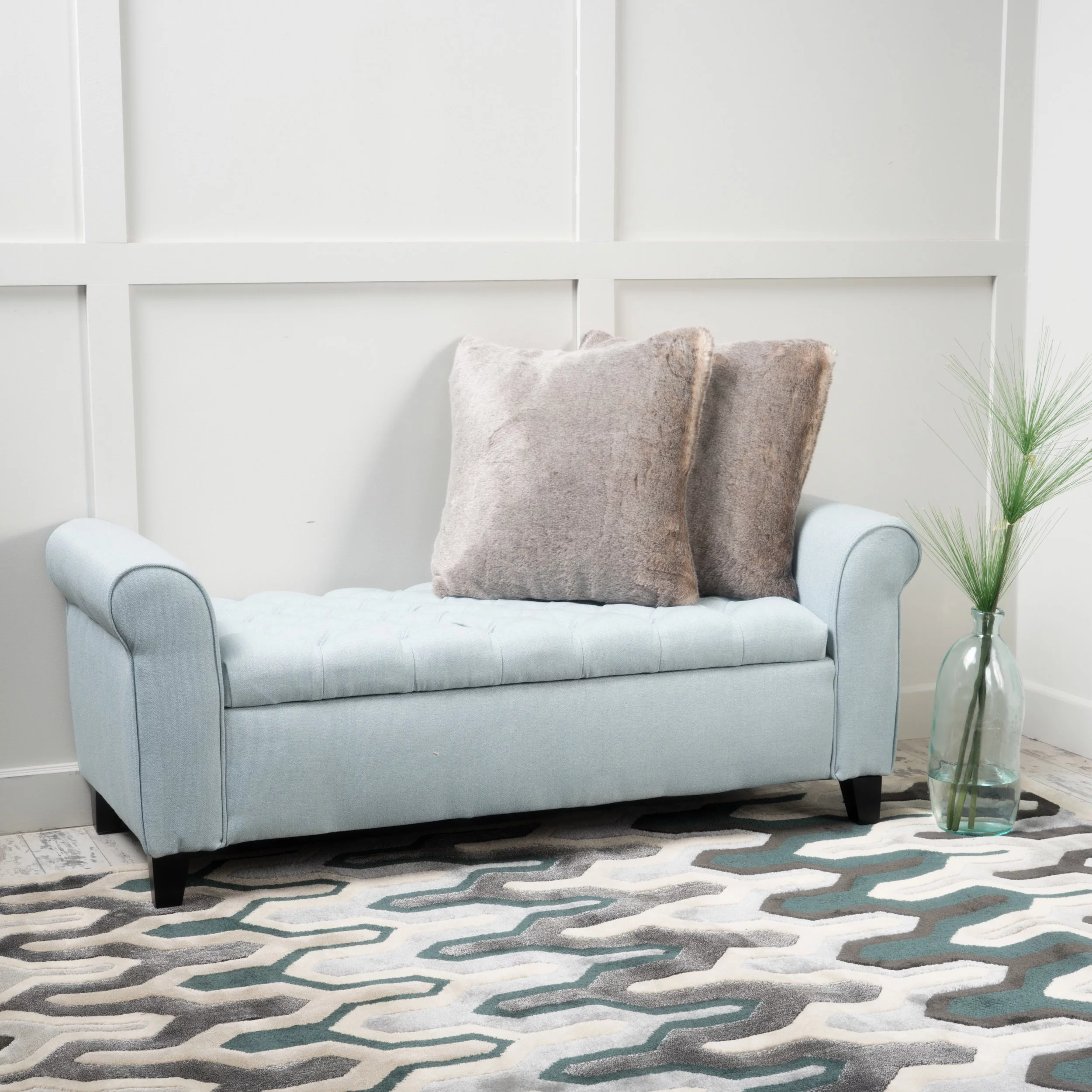 Noble House Sheffield Contemporary Rolled Arm Fabric Storage Ottoman Bench, Light Sky and Dark Brown