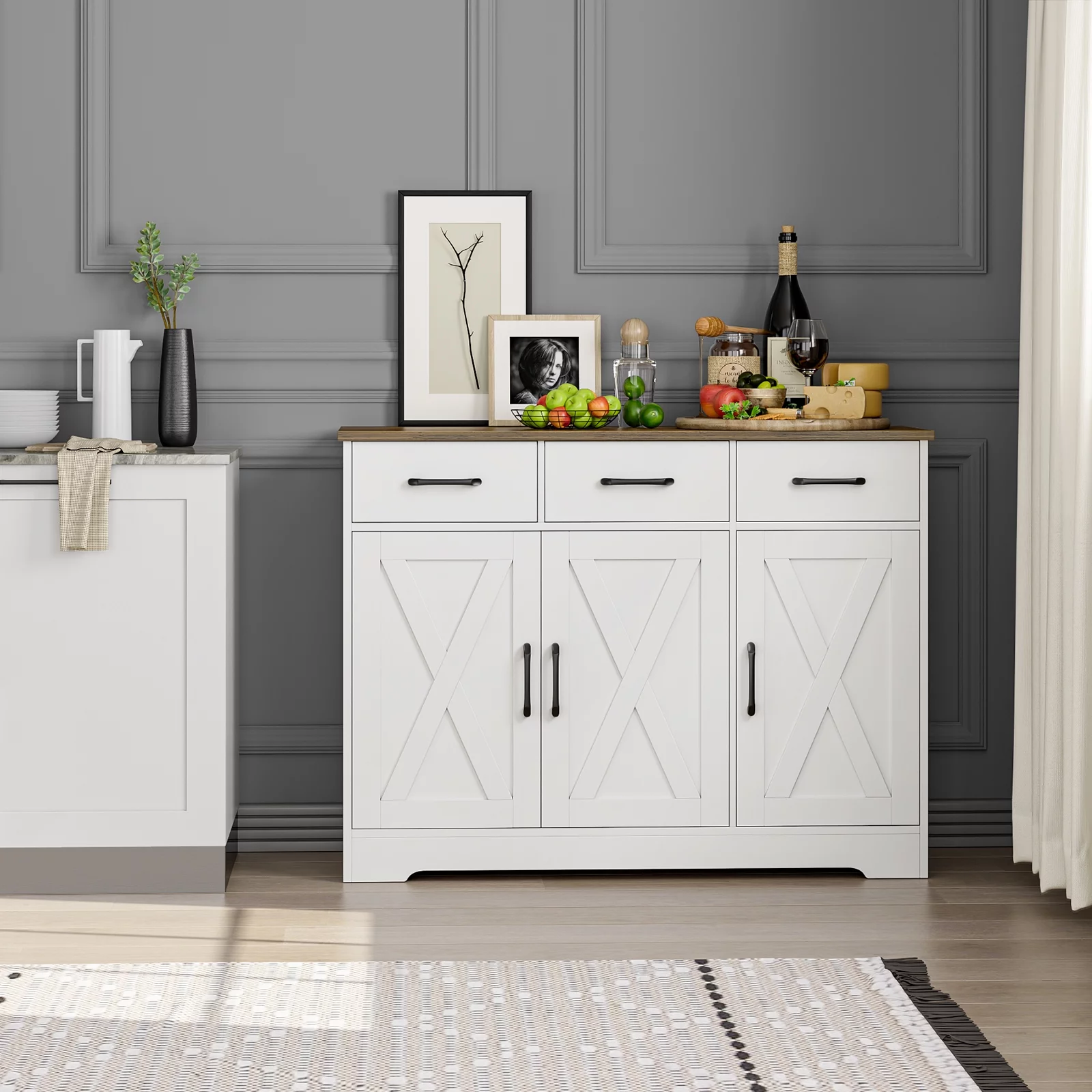 Homfa 42.5‘’ Kitchen Buffet Sideboard Cabinet, 3 Drawers Farmhouse Coffee Bar Storage Cabinet with Adjustable Shelf, White