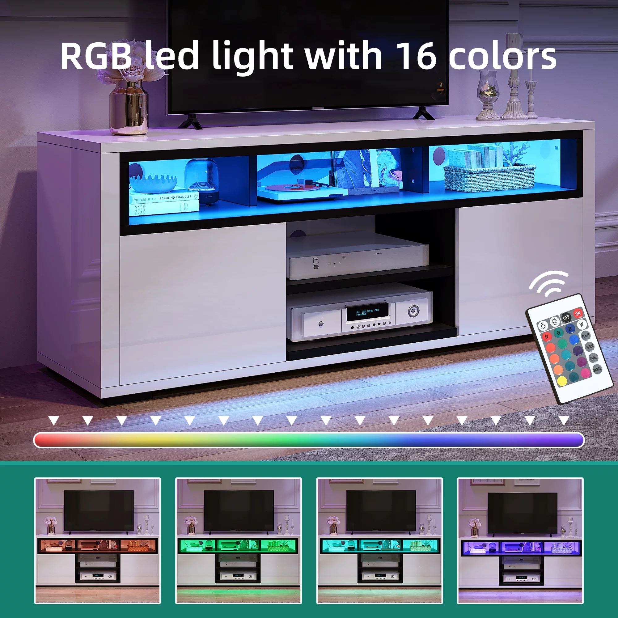 Dextrus High Gloss TV Stand with LED Ambient Lights, Modern TV Stand with Open Shelf Storage Cabinet for 62 inch TV, White