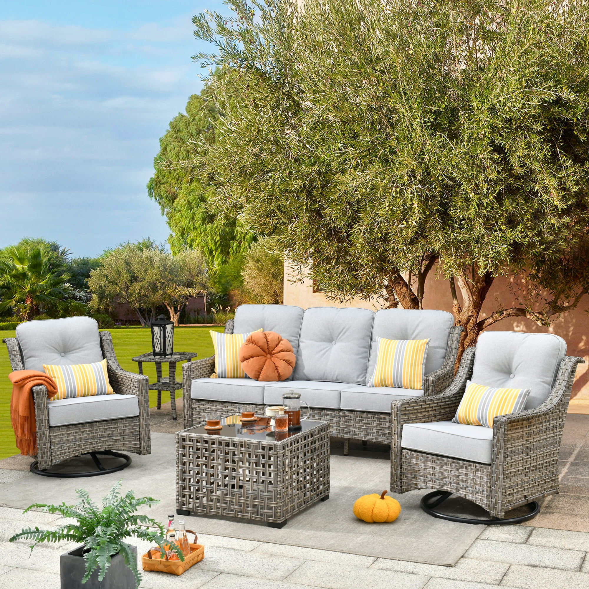 Vcatnet 5 Pieces Outdoor Patio Furniture All Weather Wicker High-Back Conversation Set with Rocking Swivel Chairs and Solar Lamp Coffee Table,Gray