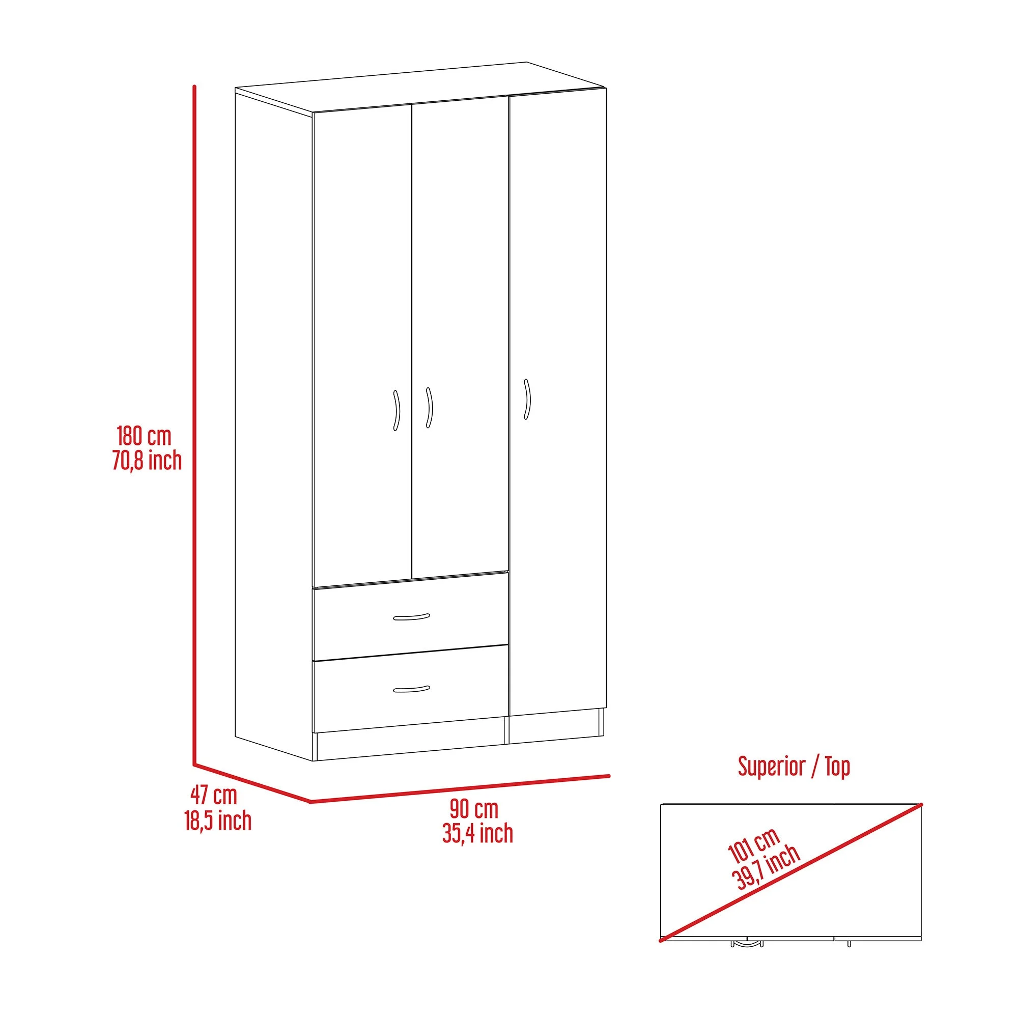 Boahaus Frankfurt Modern Bedroom Armoire 3 Opening Doors 2 Drawers White for Adults