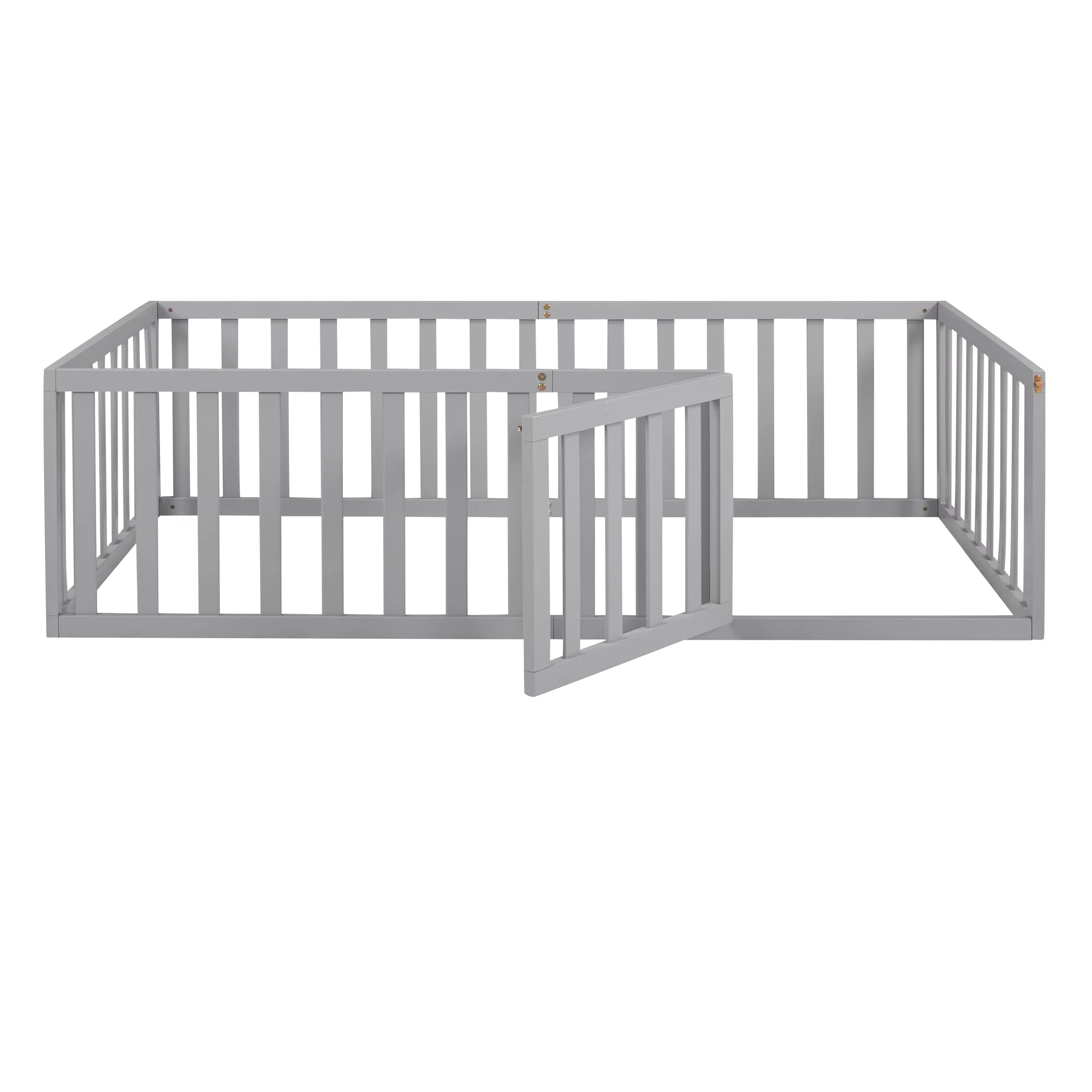 Wood Floor Bed with Fence and Door for Kids, Twin, Gray