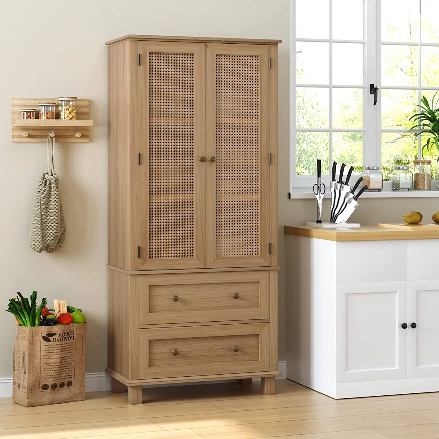 ONKER Kitchen Pantry Storage Cabinet, Tall Cabinet with Rattan Doors and 2 Drawers, Freestanding Cupboard with Adjustable Shelves, Utility Pantry for Kitchen, Dining Room,White
