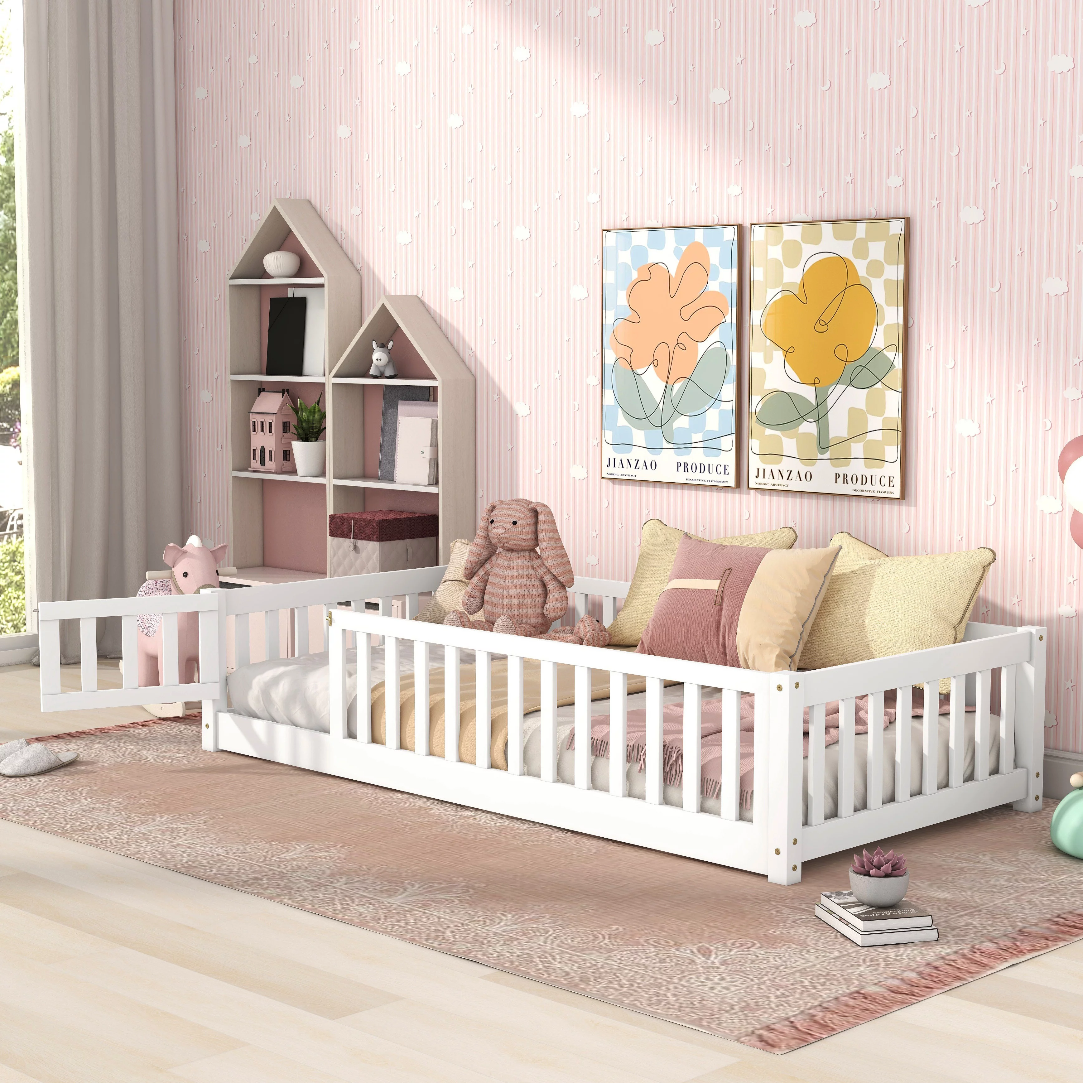 Bellemave Twin Size Floor Bed for Kids, Wood Toddler Floor Bed with Fence Railings & Support Slats, Montessori Floor Bed for Boys Girls,White