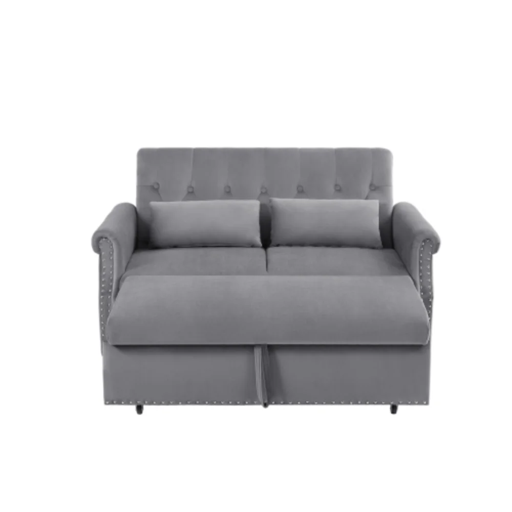 55'' Modern Shiny Velvet Convertible Loveseat Sleeper Sofa Couch w/ 2 Lumbar Pillows, Adjustable Pull-Out Bed and Removable Armrest for Nursery, Living Room, Apartment, Home Office