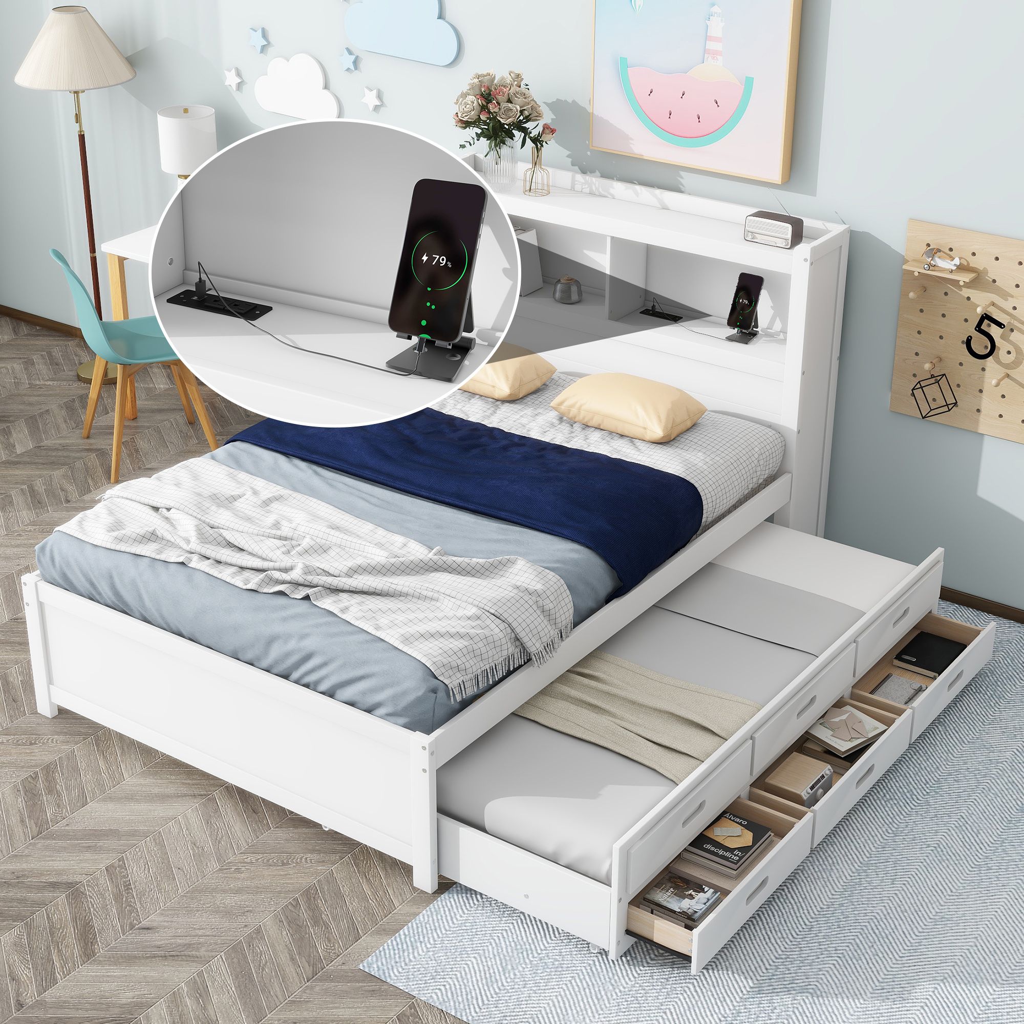 Full Wood Platform Bed Mattress Foundation with Trundle, Drawers and USB Plugs, Bed Frame Storage Bed w/ Wooden Slats for Boy Girl, No Box Spring Needed, Easy Assembly
