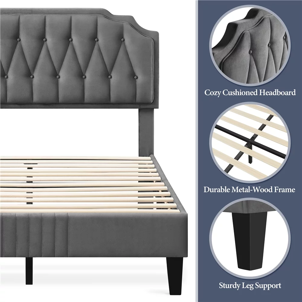 Easyfashion Upholstered Full Bed with Adjustable Headboard for Adult, Dark Gray