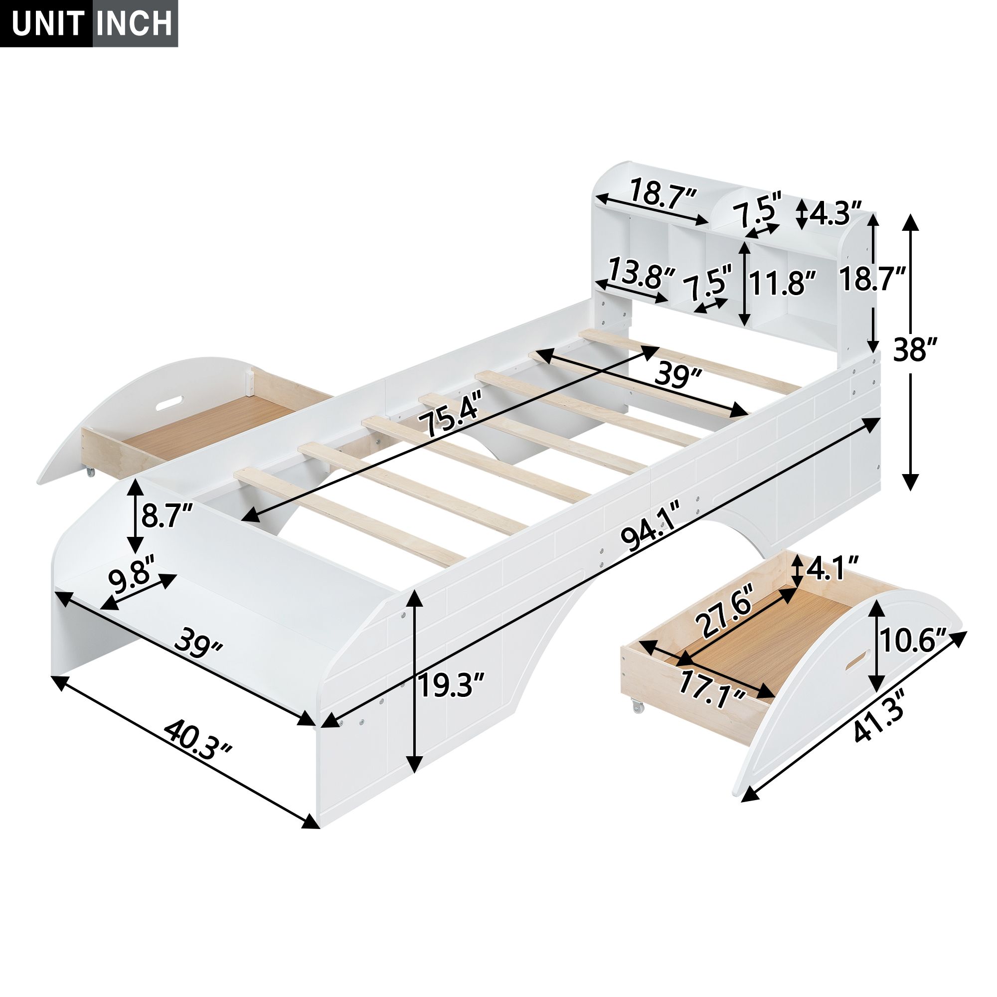Solid Wood Bed Frame with 2 Drawers, Storage Headboard and Footboard, Platform Bed Frame, Mid Century Bedframe, Multi-Storage Space Wood Foundation(White, Twin)