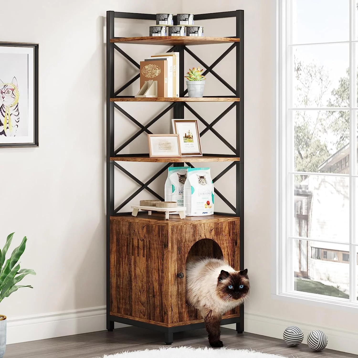 Tribesigns Corner Litter Box Enclosure, 4-Tier Hidden Cat Litter Box Furniture with Door, Industrial Indoor Cat House Washroom with Storage Shelves, Rustic Brown