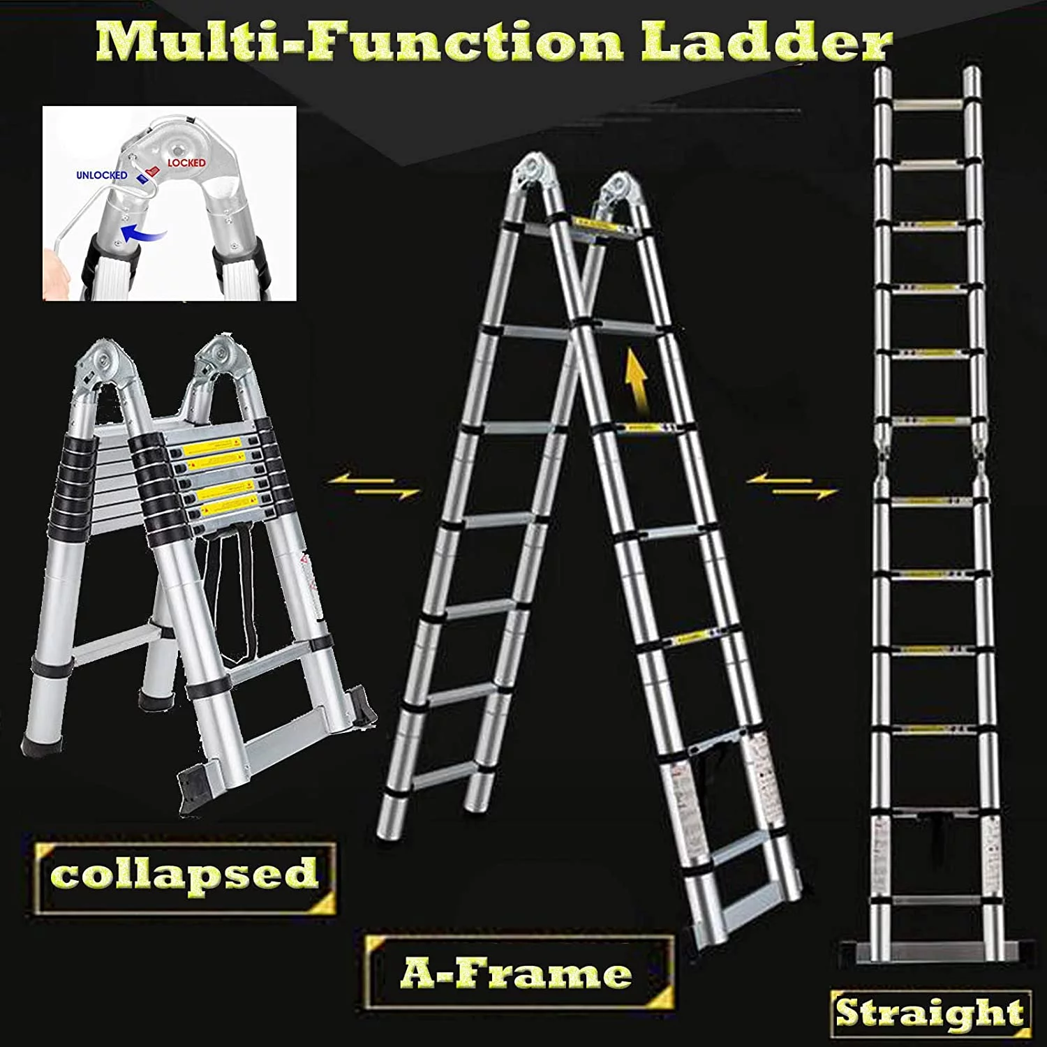Telescopic Ladder 16.5Ft 5M Multi-Purpose Aluminium Telescoping a-Frame Folding Ladder Extension Extendable 330lb Load Capacity EN131 Standard