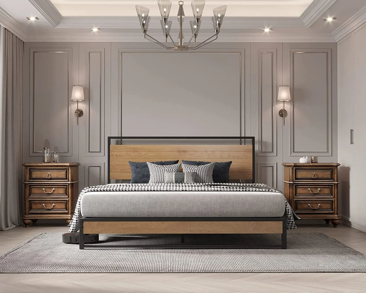 Metal Queen Size Platform Bed Frame with Wood Headboard/Footboard (Queen (U.S. Standard))