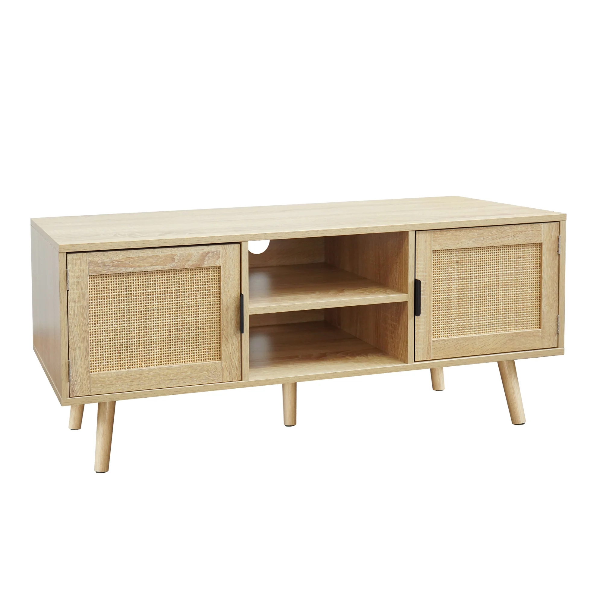 Eumyviv Farmhouse TV Stands for 55 Inch TV,Wood Media Entertainment Center Cabinet Console Table with 2 Rattan Doors, Natural Oak, H0015