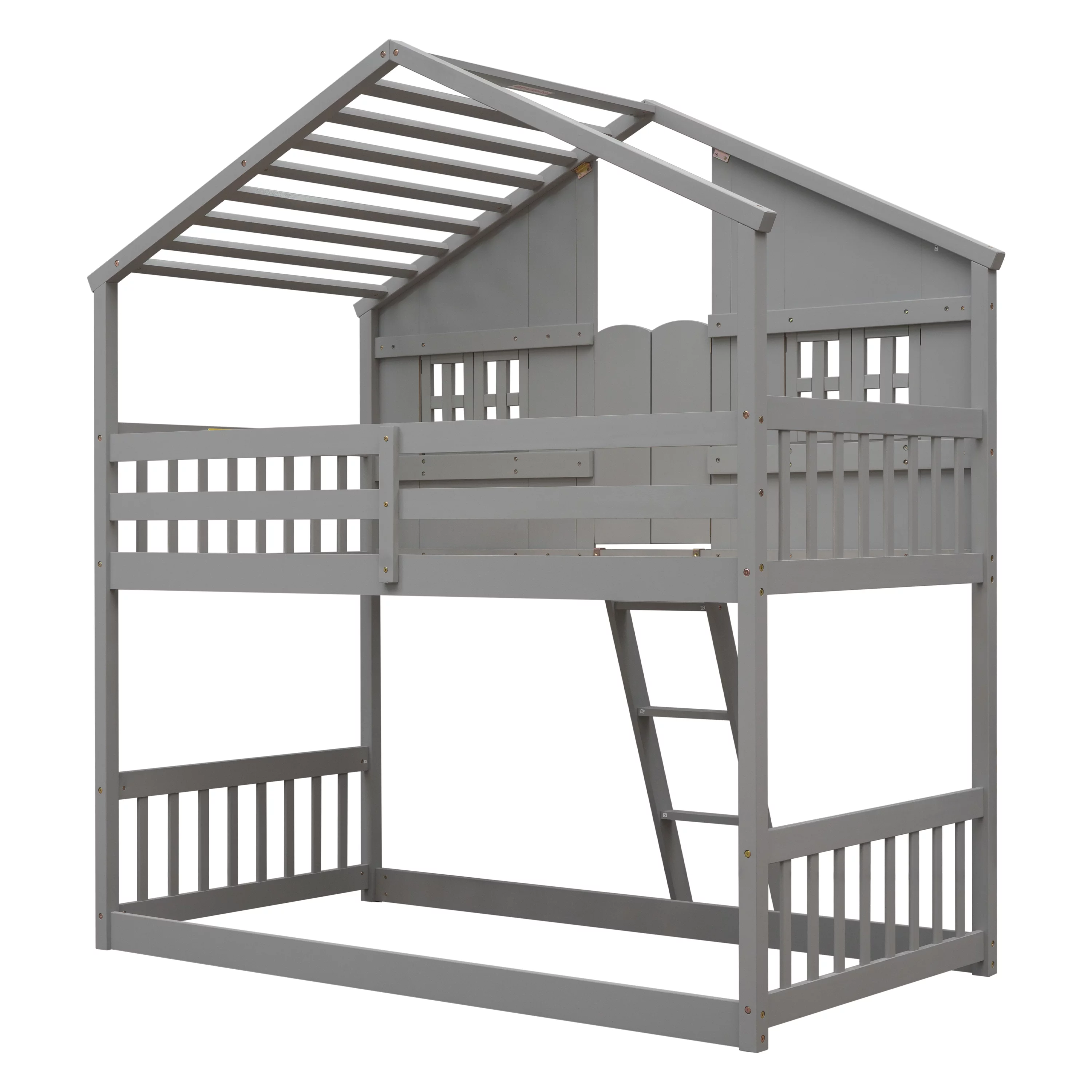 Solid Wood Twin over Twin House Bunk Bed with Roof, Window, Window Box, Door, Ladder and Guard Rail, Twin over Twin Bunk Bed for Toddler Kids Teens(Gray)