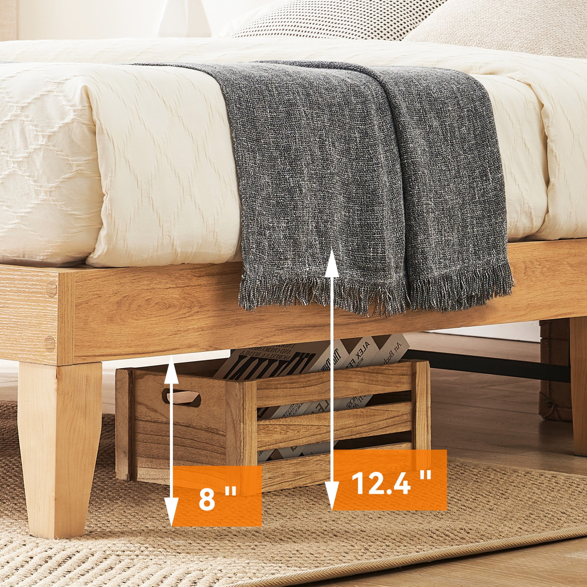 IDEALHOUSE 12.4 Inch Solid Wood Full Bed Frame with Natural Rattan Headboard, Platform Full Size Bed Frame with LED Lights, Mattress Foundation, Noise-Free, No Box Spring Needed, Easy Assembly