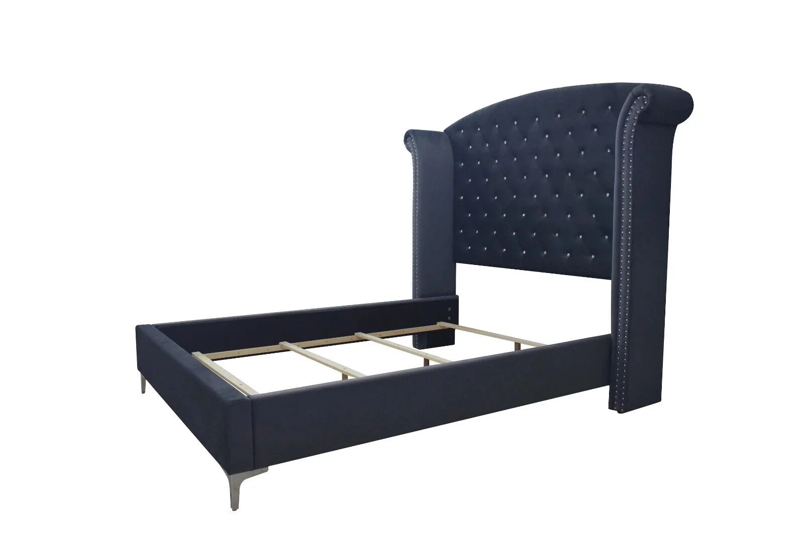 Modern Glamourous 6pc Queen Size Bed Dresser Mirror Nightstands Chest Bedroom Set Dark Gray Velvet Upholstery Furniture