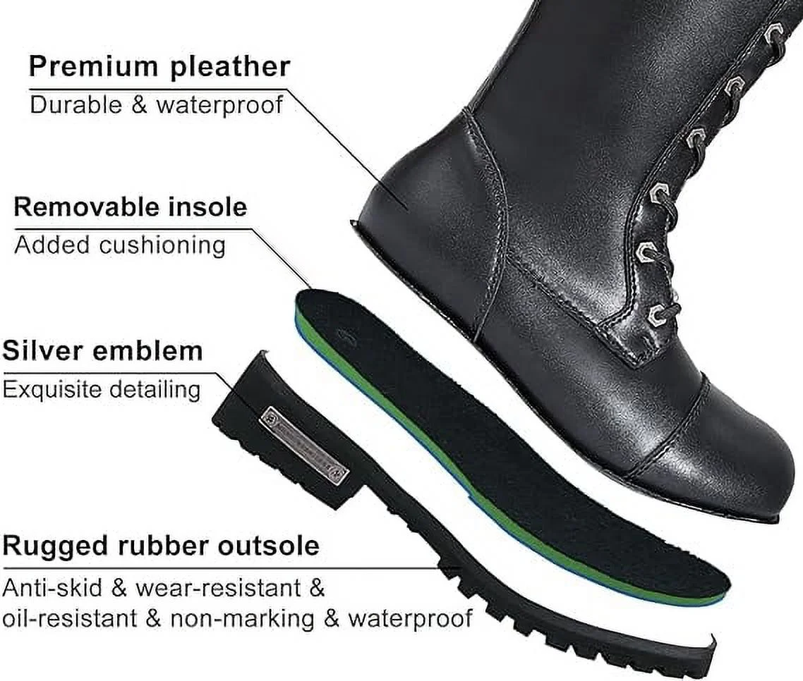 Dream Apparel Women's Knee High Riding Combat Boots PU Leather Motorcycle Boots with Side Zipper Laced Up Wide Calf Boots