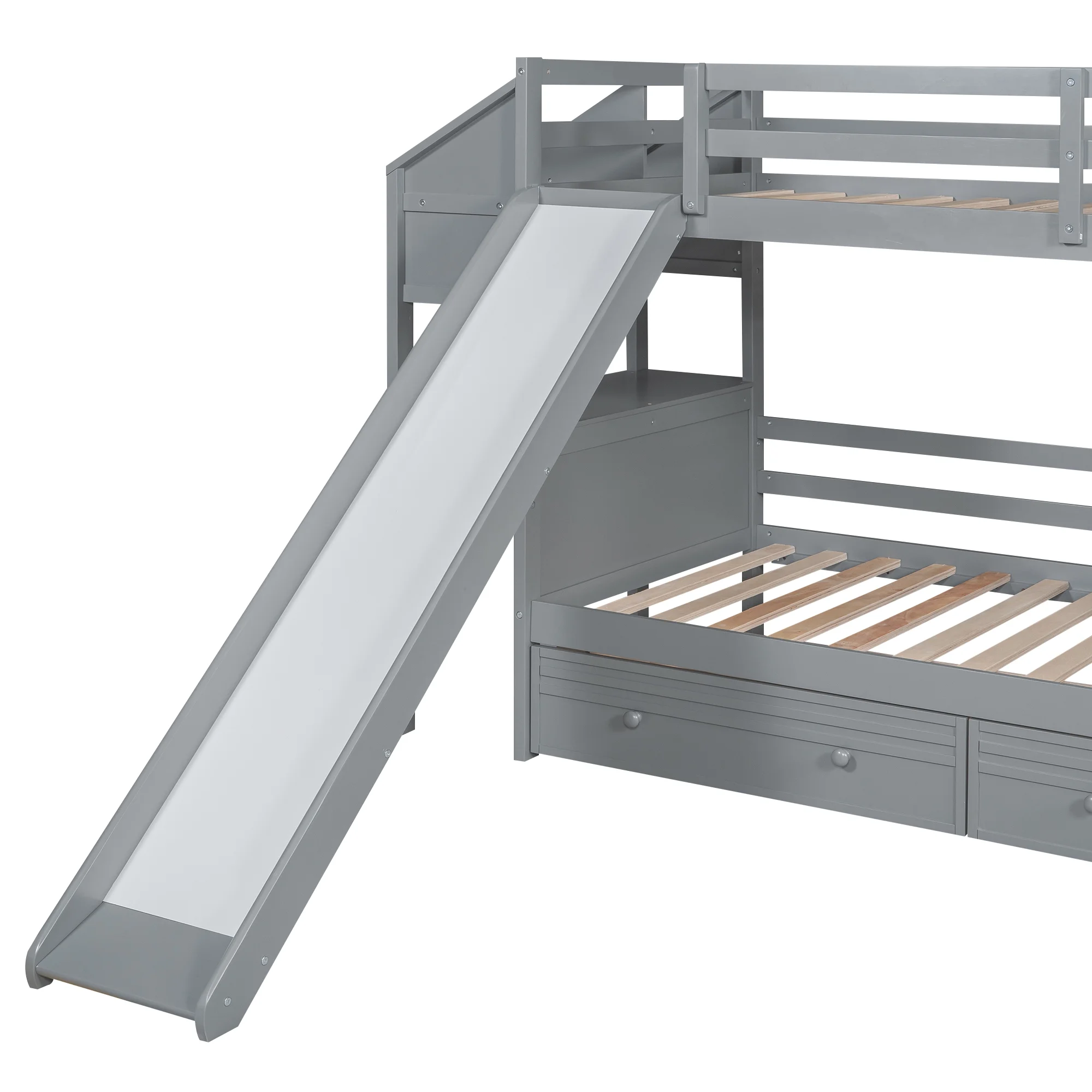 Euroco Wood Twin over Twin Bunk Bed with Desk and Slide, 4 Drawers and Shelf, Bookcase and Storage Staircase for Kids, Gray