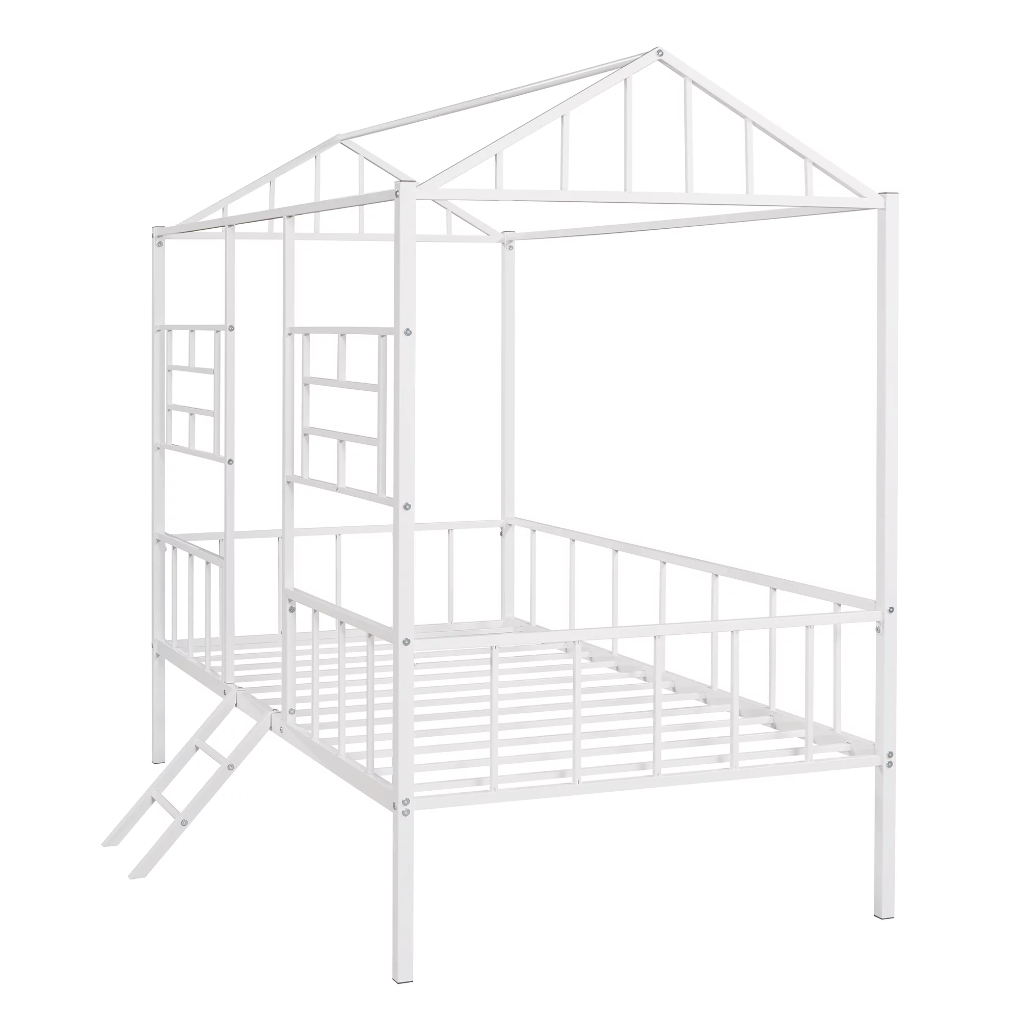 Bellemave Twin House Bed with Rails, Metal Cabin Bed Frame with Ladder, Playhouse Bed for Toddler Kids Boys Girl Teens (Twin Size, White)
