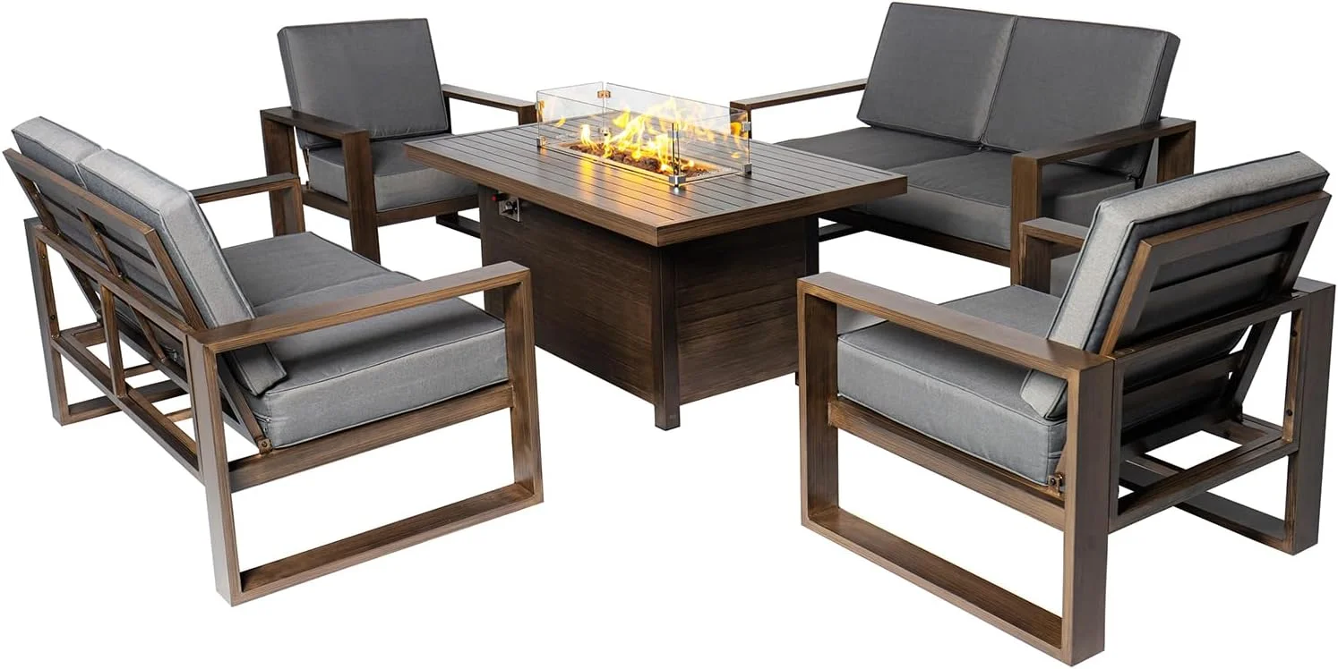 Aluminum Patio Furniture Set, 5 Pieces Outdoor Sectional Conversation Set with 55.12'' Fire Pit Table, Armchair and Loveseat, All-Weather Modern Seating Set for Backyard - 2 Armchair + 2 Loveseat