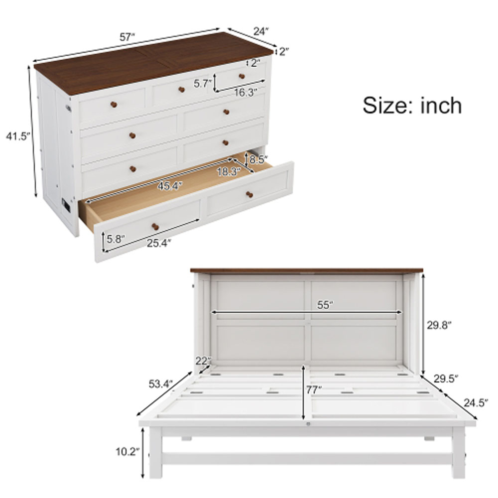 Solid Pine Murphy Bed Chest with Charging Station and Large Storage Drawer for Home Office or Small Room , Full, White+Walnut