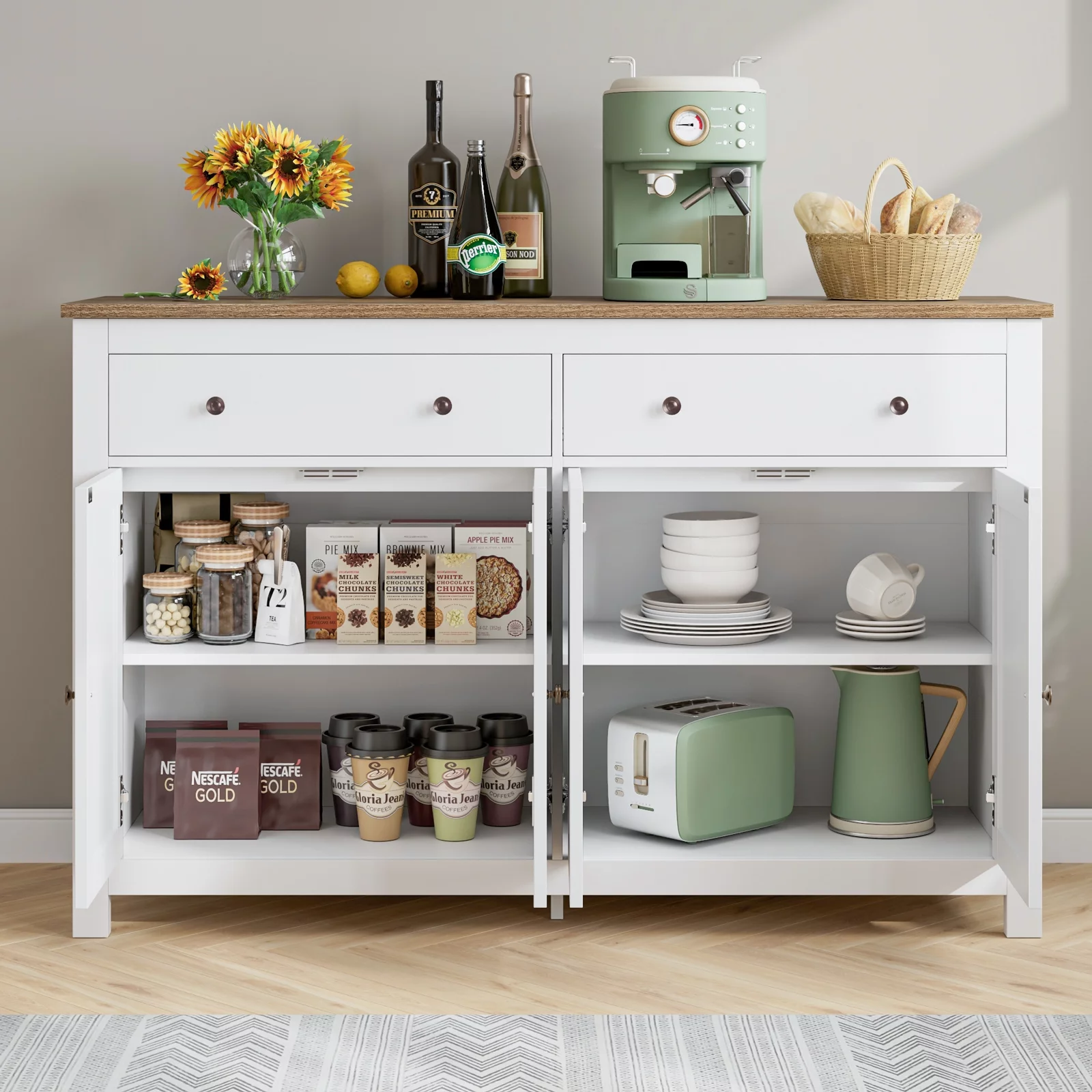 Homfa 4-Doors 2-Drawers Farmhouse Storage Cabinet, Wood Sideboard with Adjustable Shelves for Kitchen Dining Room, White