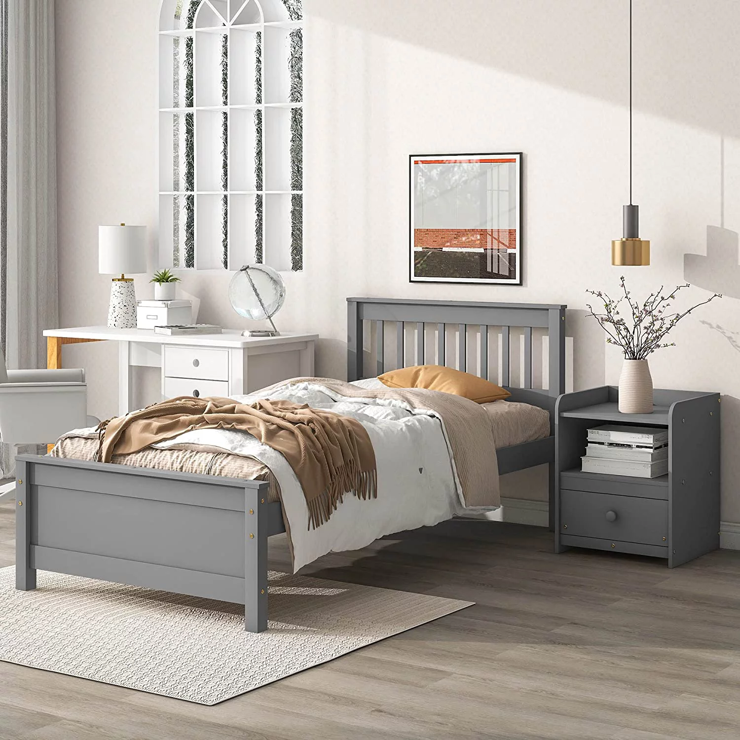 Full Bed Frame with Nightstand Full Size Bed Frame for Kids, Teens, Adults with Slats, Headboard & Footboard, Wood Full Size Platform Bed for Bedroom Small Living Space, No Box Spring Needed-White