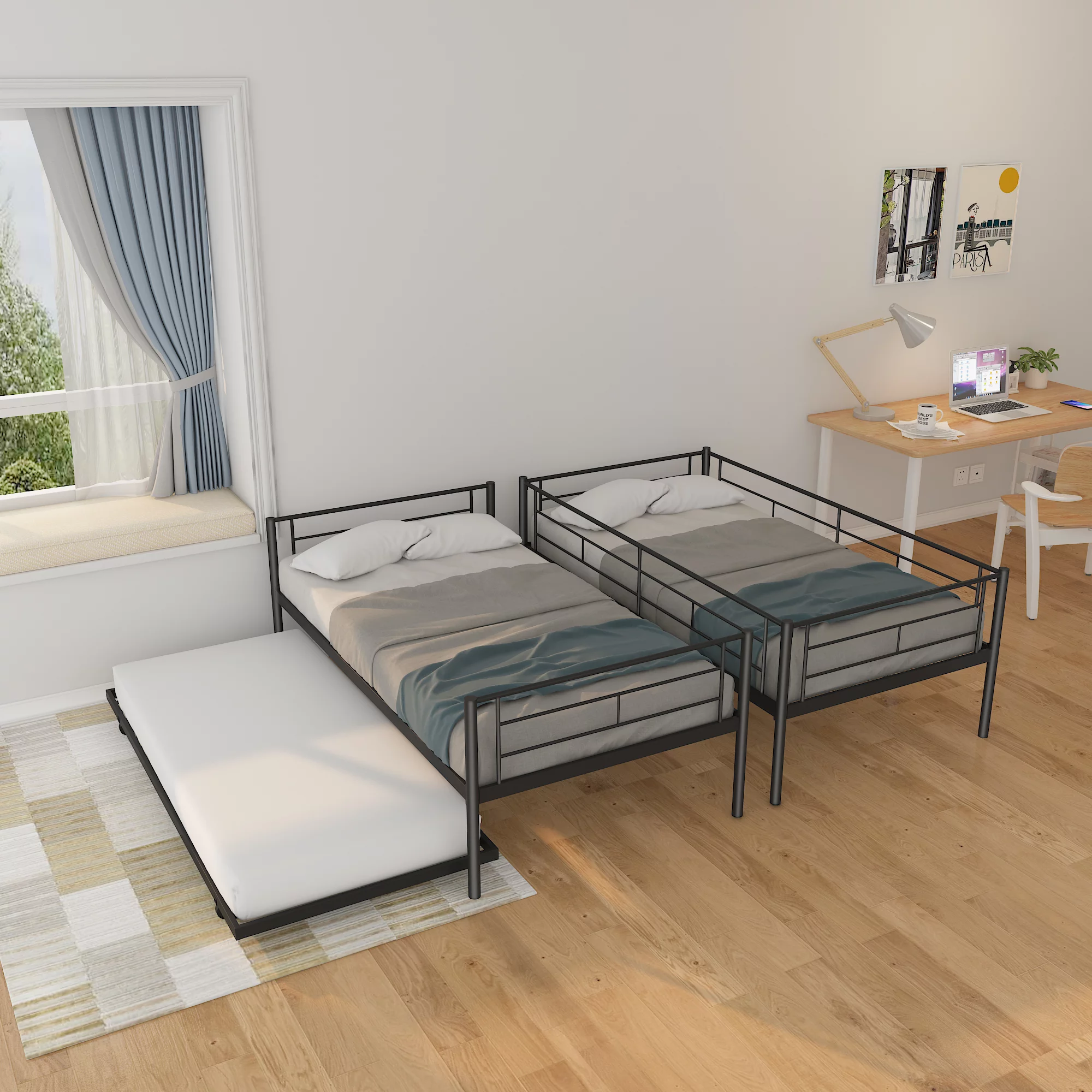 Heavy Duty Metal Bunk Bed Frame with Trundle - Twin Over Twin, Convertible - 3 beds