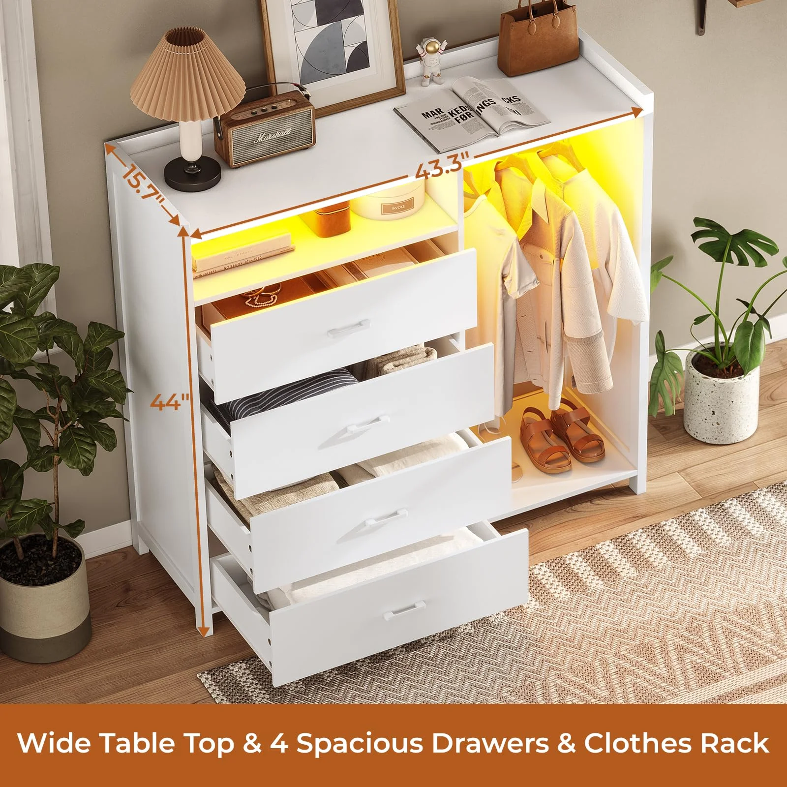 Afuhokles 4 Drawer Dresser for Bedroom with Clothing Rack, Dressers and Chests of Drawers with LED Lights, White