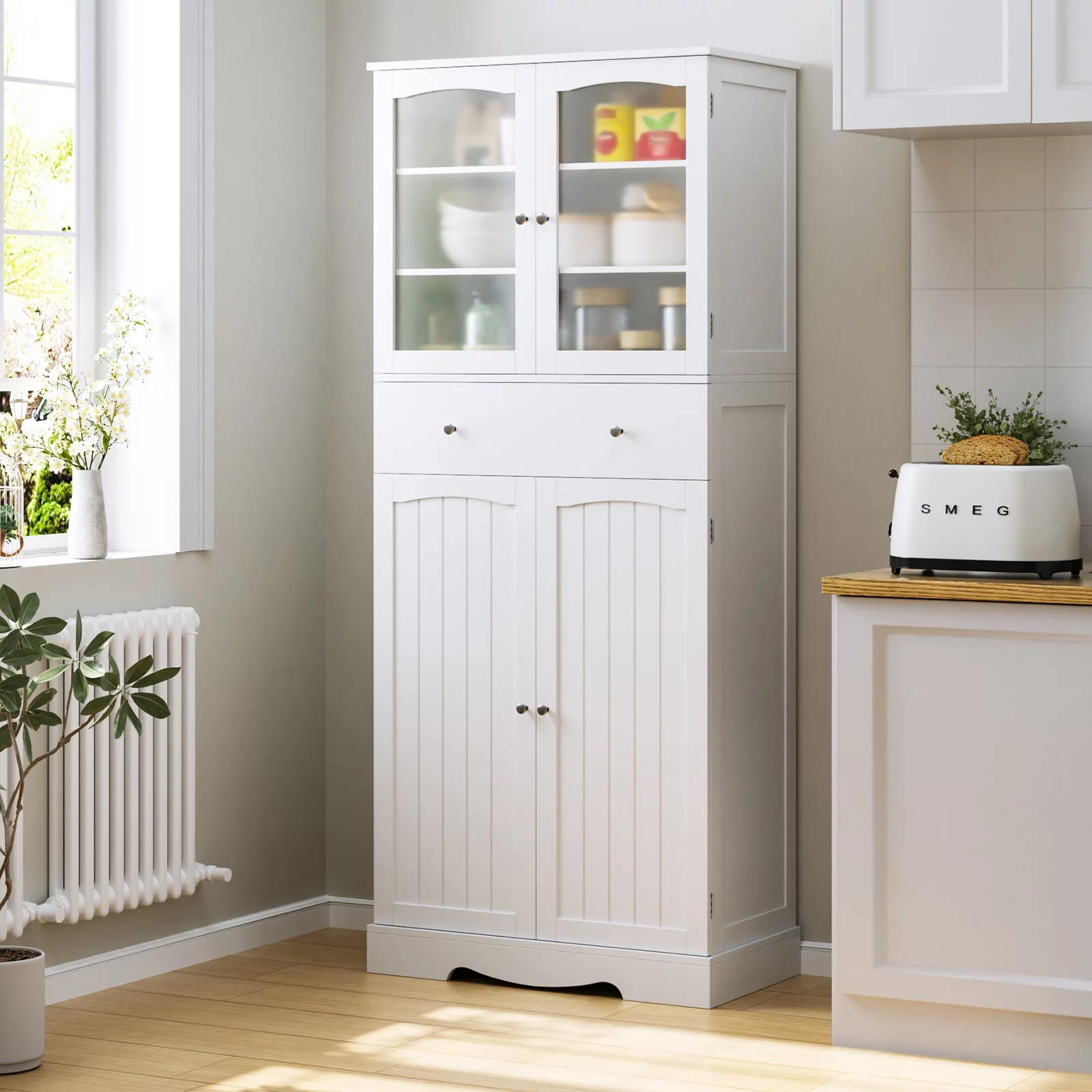 Homfa 70.8'' Kitchen Pantry with 4 Doors, Freestanding Storage Cabinet with Large Drawer for Dining Room, White