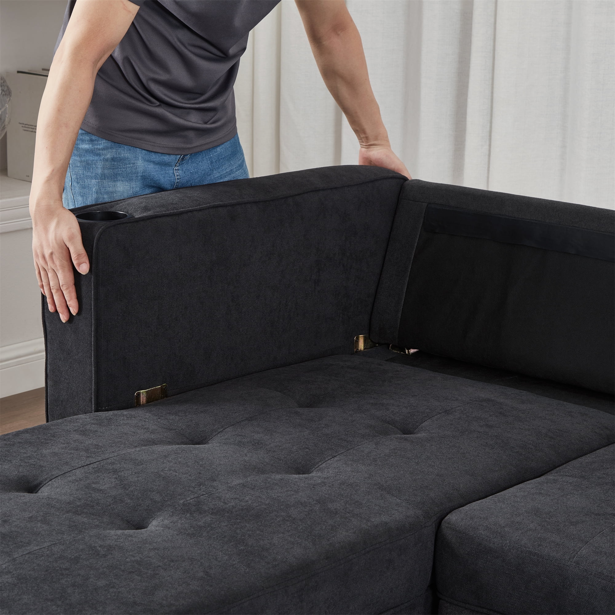 GEXPUSM Sleeper Sofa, Modern Convertible Black Sofa Bed with Pull Out Couch Bed, L Shaped Sofa with Storage Chaise, Linen Couches for Living Room
