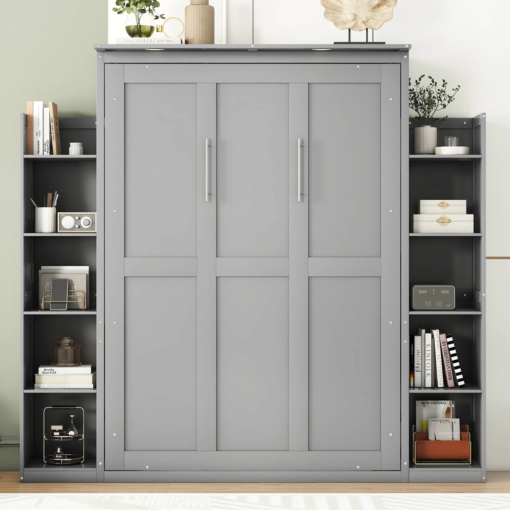 Practical Design Solid Wood Bed Frame Murphy Bed Wall Bed with Shelves and LED Lights, Platform Bed Frame, Mid Century Bedframe, Wood Foundation(Gray, Full)