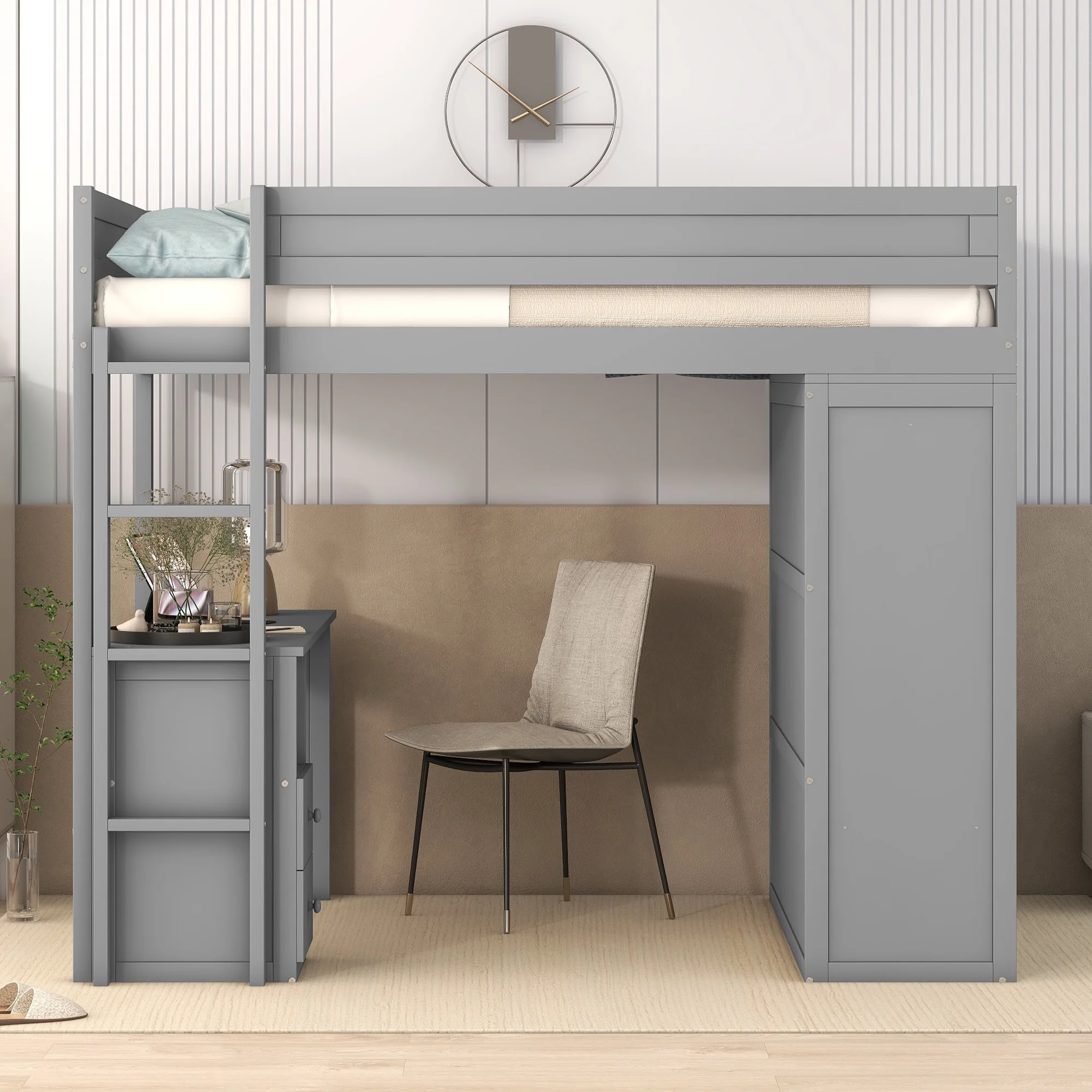 EUROCO Wood Full Size Loft Bed, Storage Desk and Drawers, Wardrobe with Clothes Hanger and Sliding Door for Living Room, Gray